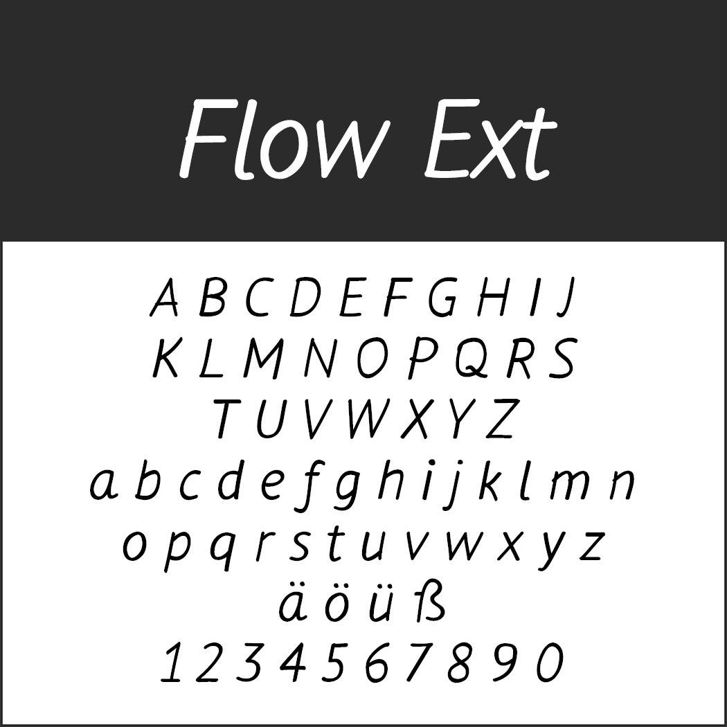 Flow Ext-lettertypevoorbeeld, ideaal voor menulettertypen, geeft hoofdletters, kleine letters en speciale Duitse tekens zoals ä, ö, ü en ß in een cursieve stijl weer. Het bevat de cijfers 1 tot en met 9 en 0.