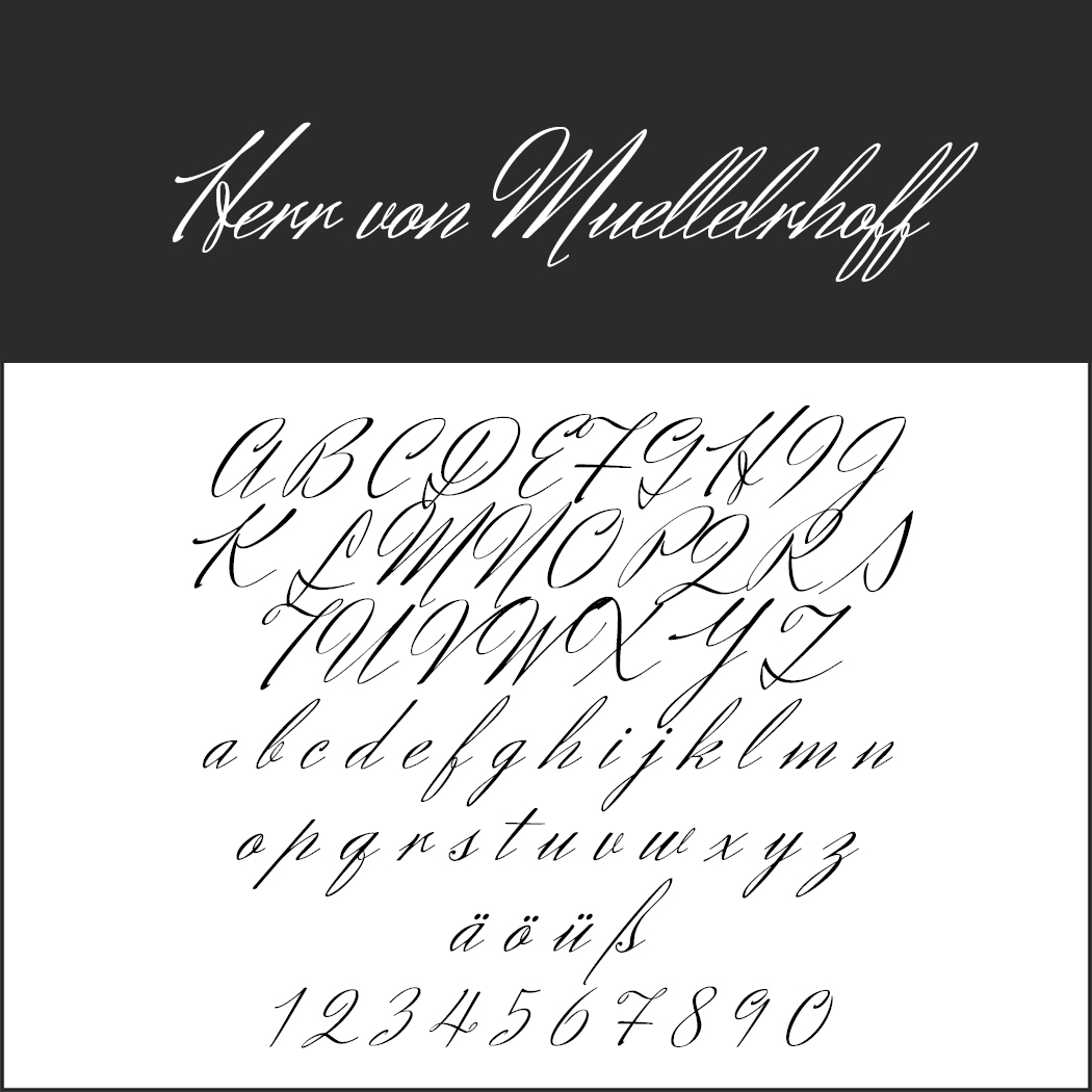 Elegant cursief lettertypevoorbeeld met het label Herr von Muellerhoff, perfect voor verfijnde menulettertypen. Bevat hoofdletters A-Z, kleine letters a-z, umlauten ä, ö, ü en de cijfers 0-9 op een smetteloos witte achtergrond.