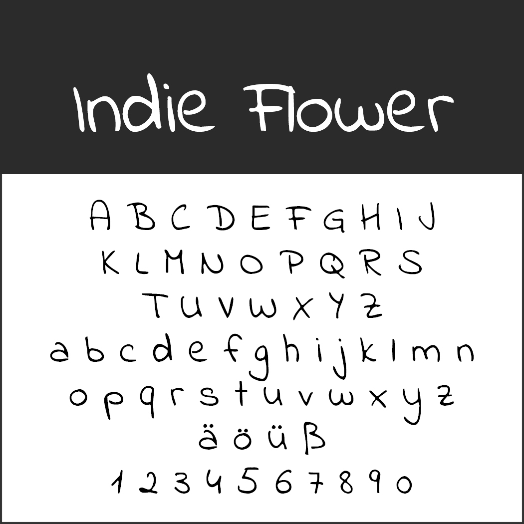 Een voorbeeld van een lettertype met de titel Indie Flower toont hoofdletters en kleine letters, samen met de cijfers 0 tot en met 9. De stijl is handgeschreven en speels, waardoor het perfect is voor menulettertypen. De achtergrond contrasteert met zwart en wit, wat de charme van het lettertype benadrukt.