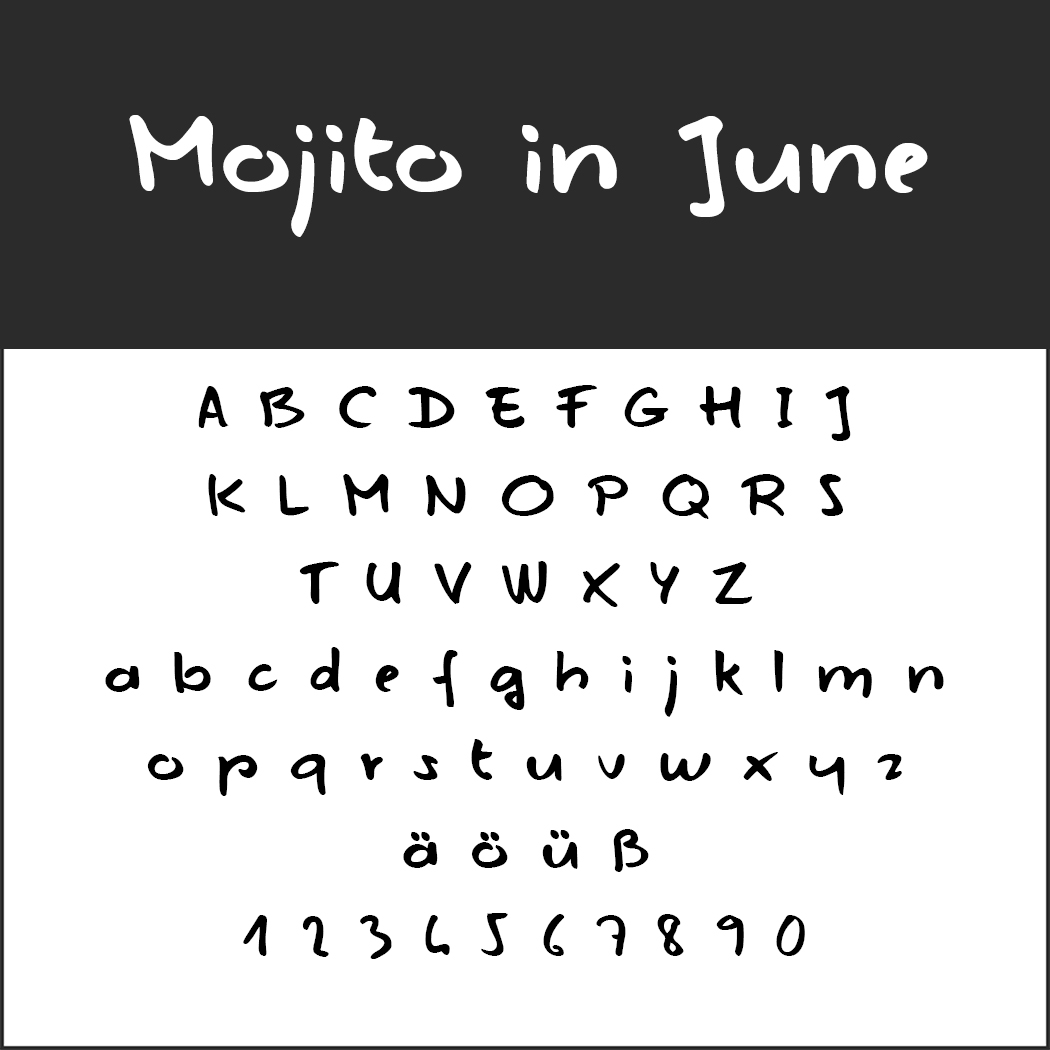 Een weergave van het Mojito in June-lettertype onthult een speelse handschriftstijl, perfect voor menulettertypen. De afbeelding toont het volledige Engelse alfabet in hoofdletters en kleine letters, de speciale tekens ä, ö, ü, ß en de cijfers 1 tot en met 9 en 0.
