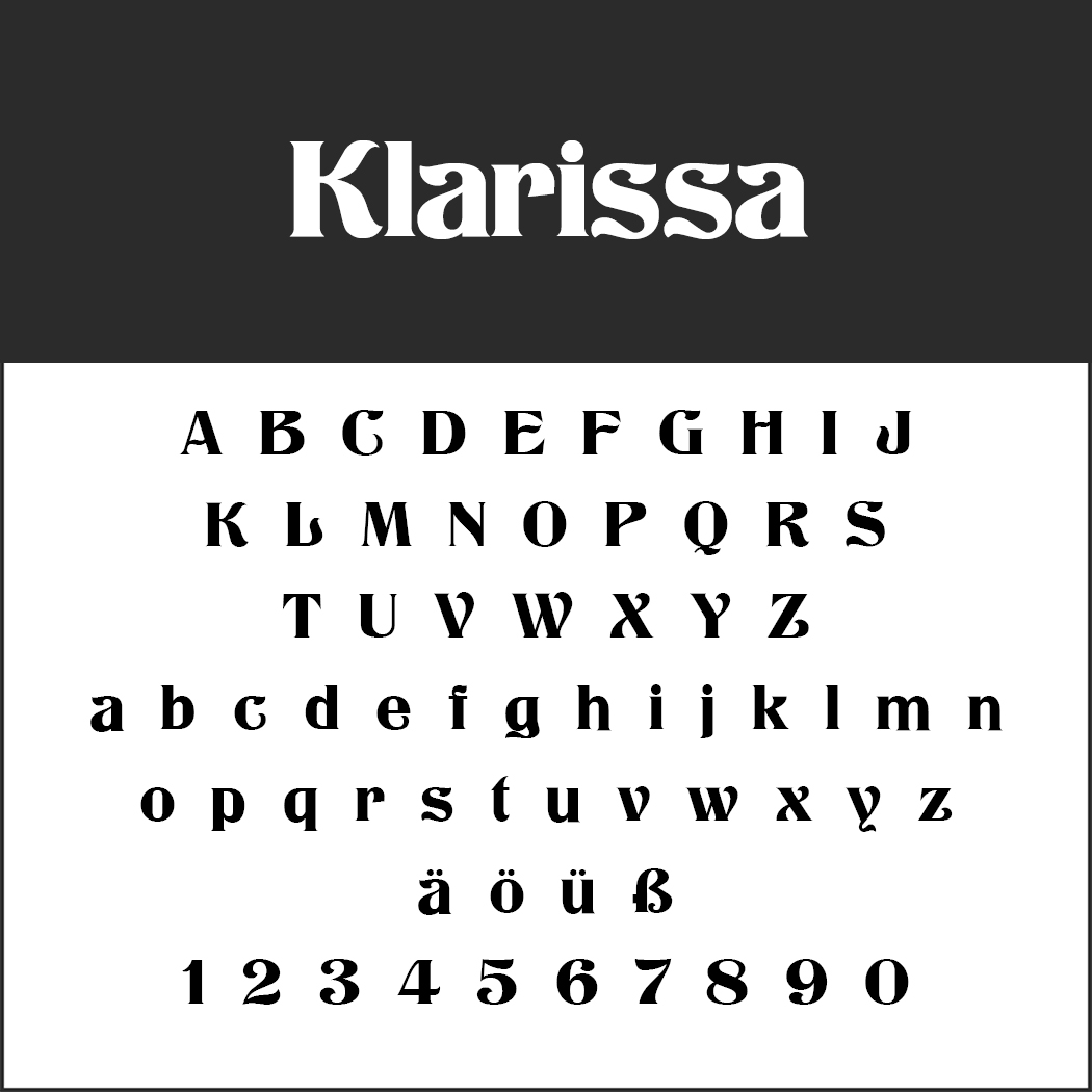 Een zwart-witafbeelding van het Klarissa-lettertype, perfect voor menulettertypen. Het bevat hoofdletters en kleine letters, speciale tekens (ä, ö, ü, ß) en de cijfers 0-9 in een klassieke schreefloze stijl.