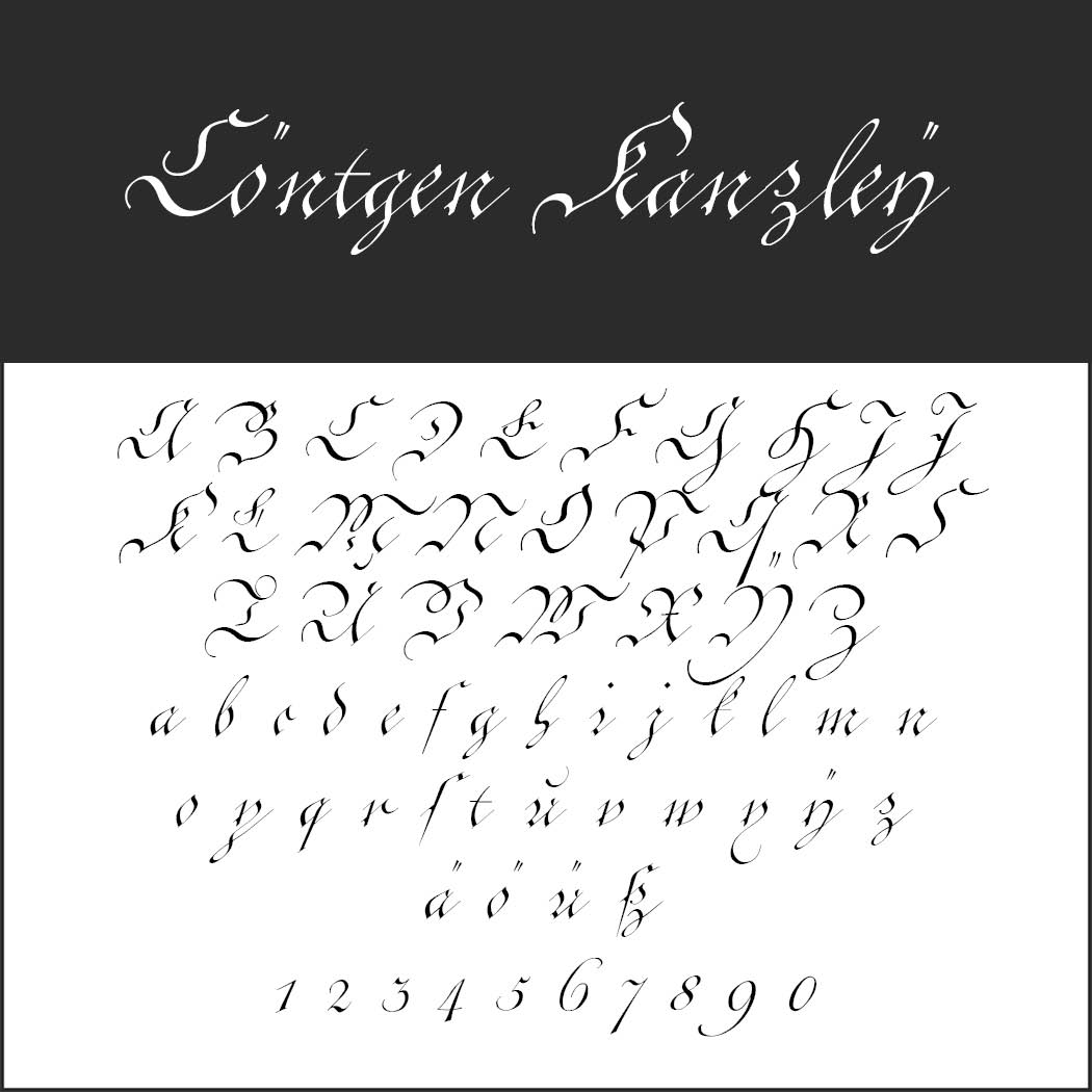 Een decoratief lettertype in elegant schrift, perfect voor wie op zoek is naar een lettertype voor advertenties. Hoofdletters en kleine letters, samen met de cijfers 0-9, worden weergegeven in een artistieke kalligrafiestijl tegen een klassieke zwart-witte achtergrond.