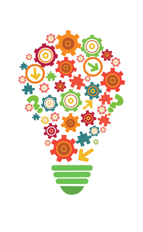 Illustratie van een gloeilamp, gevormd door kleurrijke tandwielen en pijlen. De basis van de lamp is groen met horizontale strepen, en de tandwielen zijn rood, oranje, groen en geel, wat creativiteit en innovatie symboliseert.