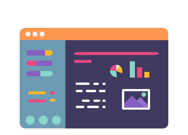 Illustratie van een gestileerde dashboardinterface met kleurrijke elementen. Bevat een zijbalk met schakelaars, een centraal gedeelte met staaf- en cirkeldiagrammen, tekstregels en een klein afbeeldingspictogram, tegen een marineblauwe en grijze achtergrond.
