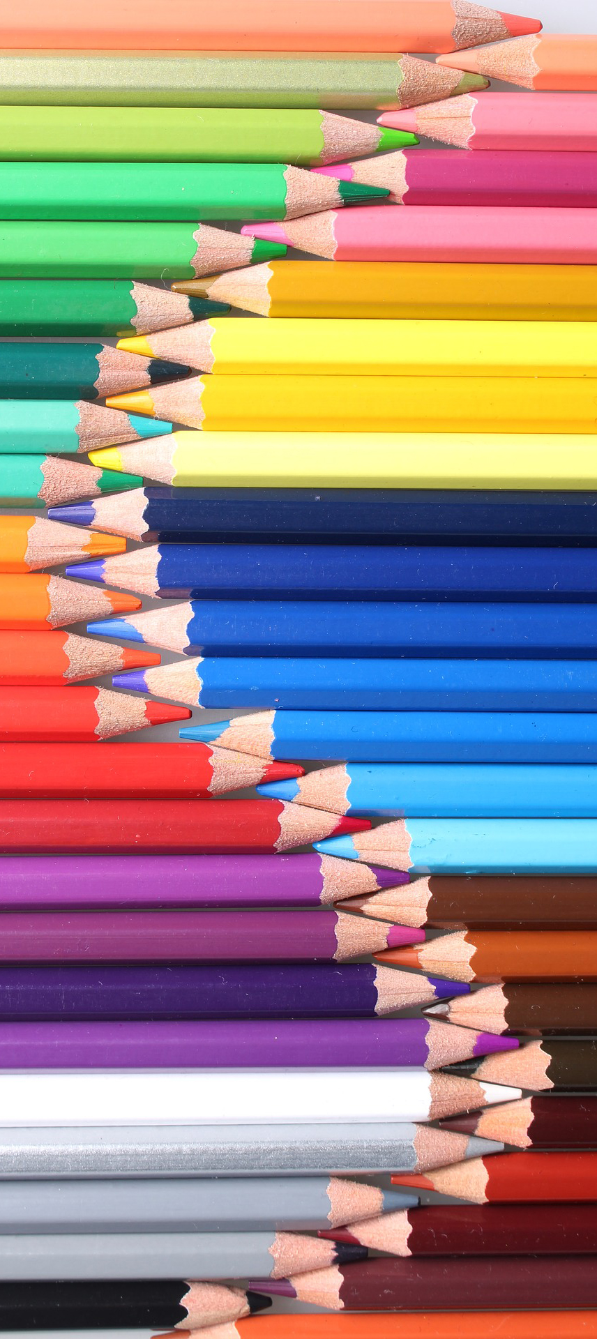 Een netjes geordende set kleurpotloden in een horizontale stapel, met een gradiënt van felle kleuren, waaronder groen, geel, rood, blauw, paars en neutrale tinten. De potloodpunten zijn uitgelijnd om een vloeiend diagonaal patroon te vormen.