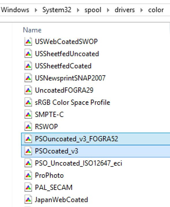 Schermafbeelding van een verkennervenster met kleurprofielbestanden in een mappad: Windows > System32 > spool > drivers > kleur. De gemarkeerde bestanden zijn onder andere PSOuncoated_v3_FOGRA52 en PSOcoated_v3. Verschillende pictogrammen staan aan de linkerkant.