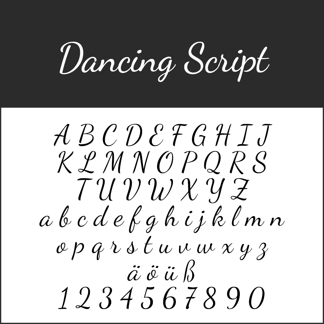 Voorbeeld van het lettertype Dancing Script met het alfabet in elegant cursief, met de speciale tekens ä, ö, ü, ß en de cijfers 0-9. Perfect voor Valentijnsdag, met een romantische stijl in zowel hoofdletters als kleine letters.