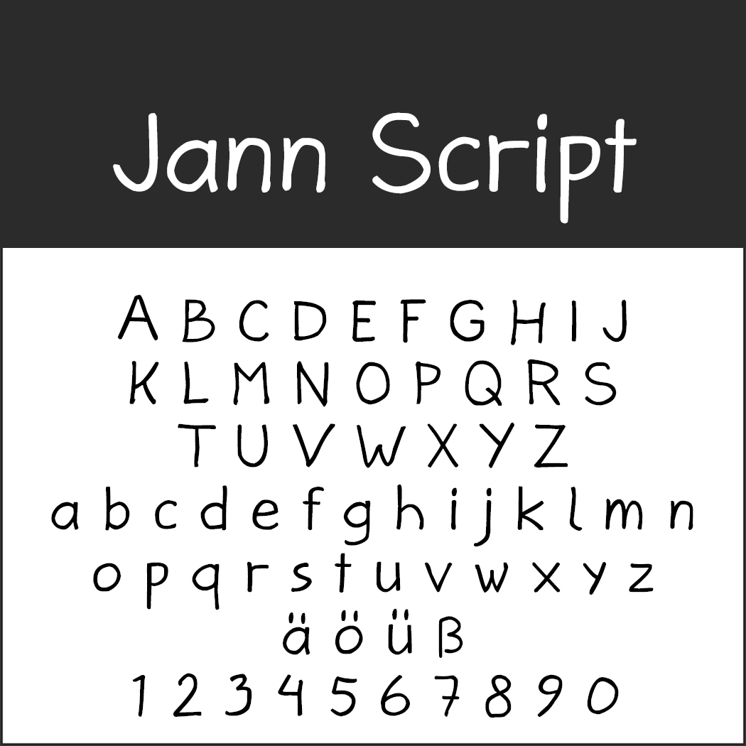Zwart-witafbeelding met de speelse, handgeschreven stijl van Jann Script. Dit charmante lettertype bevat hoofdletters en kleine letters A-Z, de Duitse tekens ä, ö, ü, ß en de cijfers 0-9. Perfect om een persoonlijk tintje toe te voegen aan je Valentijnsbrievenprojecten.