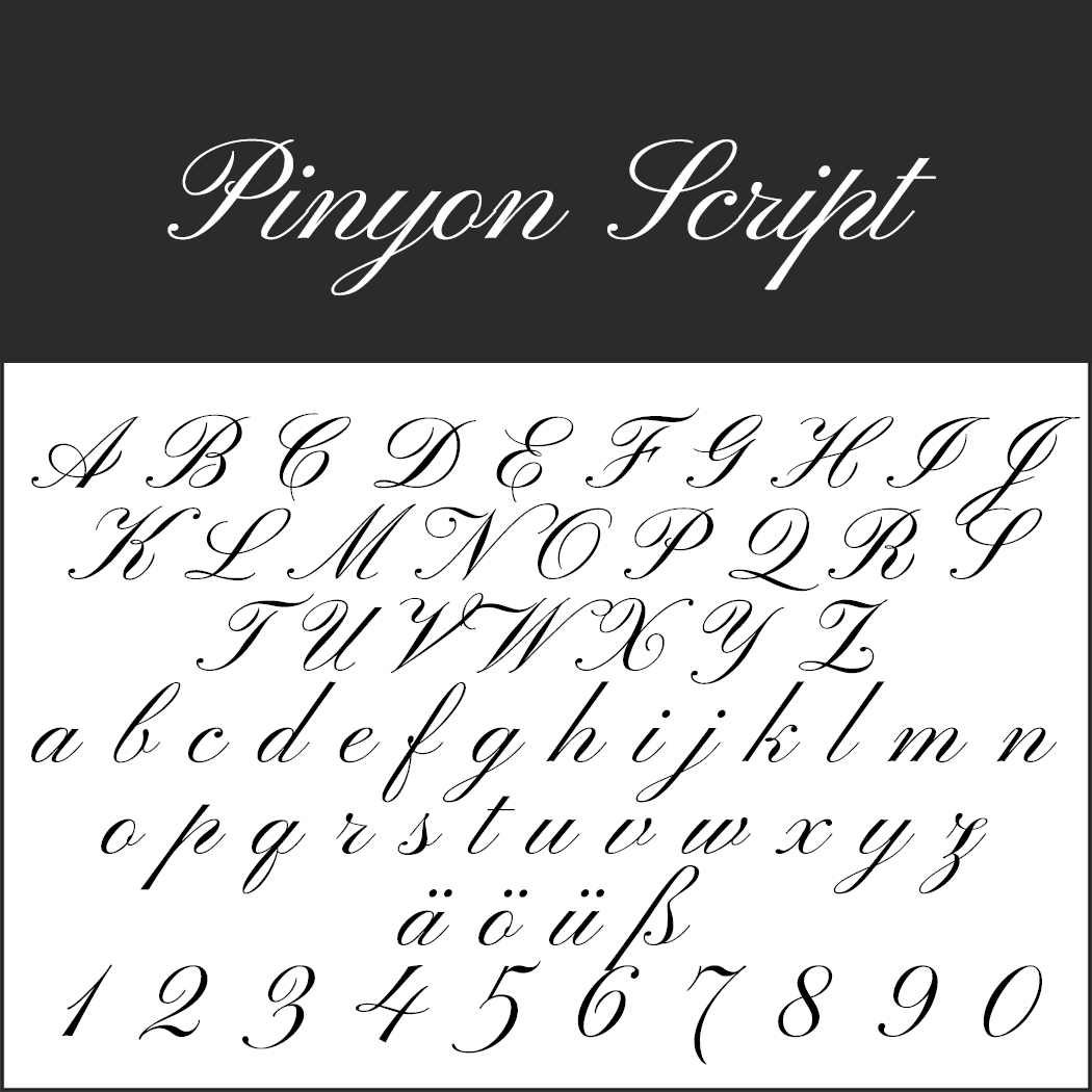 Ontdek de elegantie van Pinyon Script, met sierlijke hoofdletters en kleine letters, cijfers 0-9 en geaccentueerde klinkers. Dit cursieve lettertype met vloeiende lijnen legt de essentie van Valentijnsdag vast, perfect voor het creëren van romantische ontwerpen.