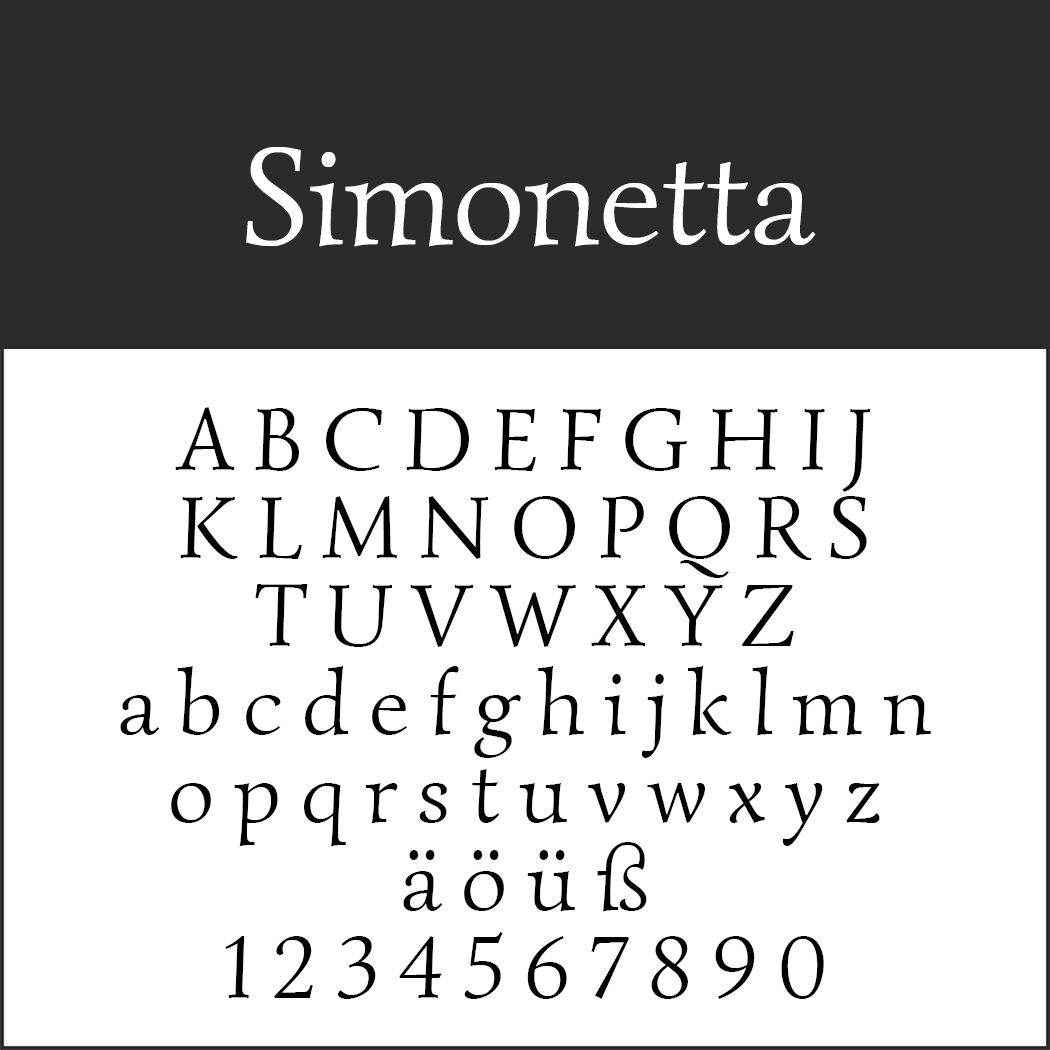 De afbeelding toont de Valentinstag Schriften-stijl met het Simonetta-lettertype, met hoofdletters en kleine letters, speciale tekens en de cijfers 0 tot en met 9. Dit elegante lettertype valt op door de licht cursieve schreefletters.