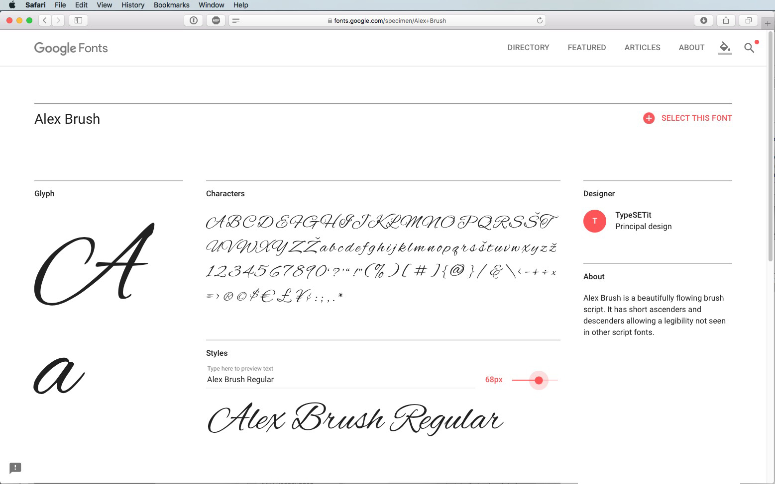 Screenshot van de Google Fonts-pagina voor Alex Brush. Deze toont het elegante alfabet, opties om het lettertype te selecteren en de grootte aan te passen. Ook zijn er informatie over de ontwerper en een korte beschrijving van de lettertypestijl te zien.