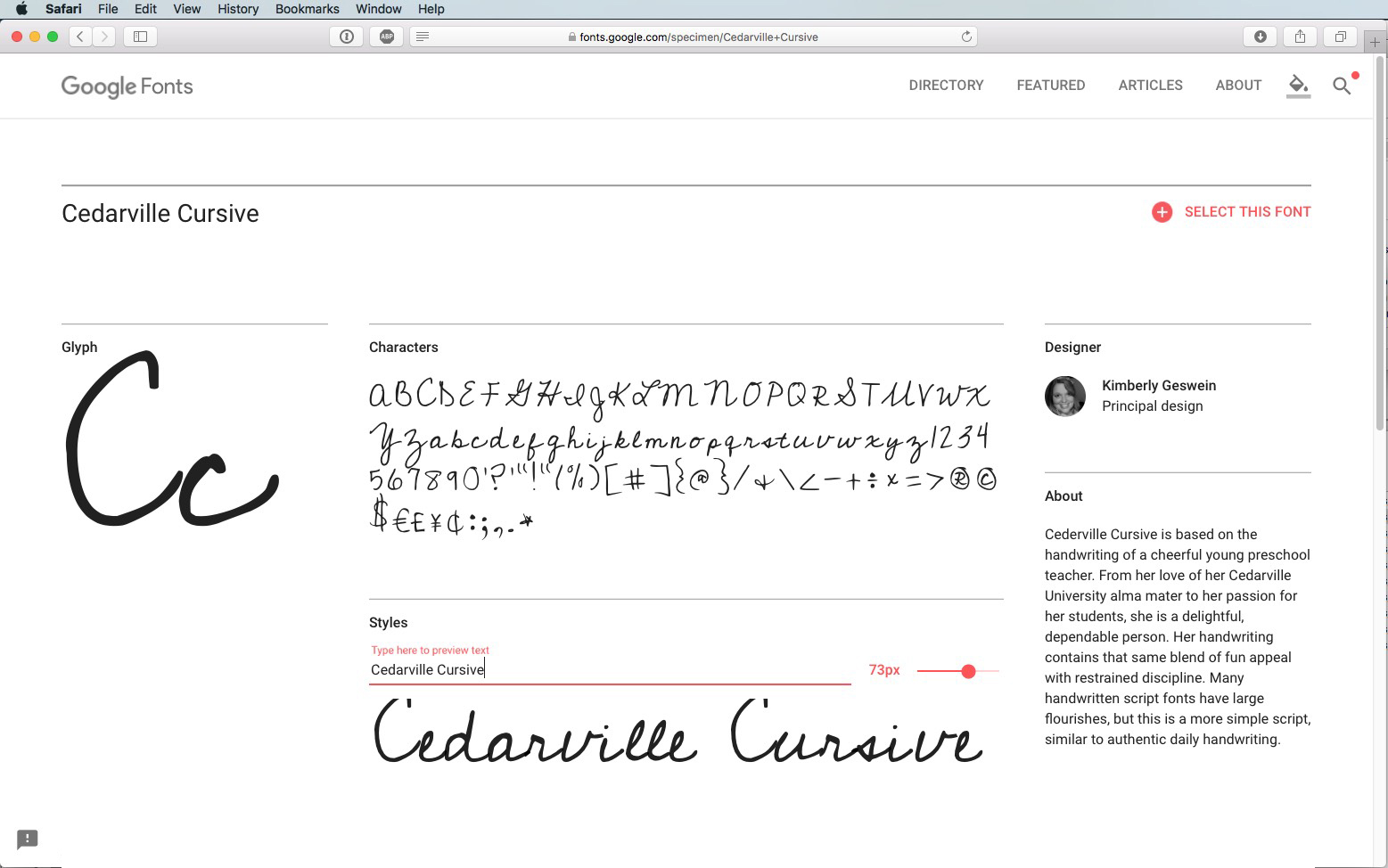 Screenshot van de Google Fonts-pagina voor Cedarville Cursive. Het lettertype wordt weergegeven in hoofdletters en kleine letters, cijfers en symbolen. De lettertypenaam wordt weergegeven in cursieve stijl met een schuifbalk om de grootte aan te passen. Informatie over de ontwerper wordt ook weergegeven.