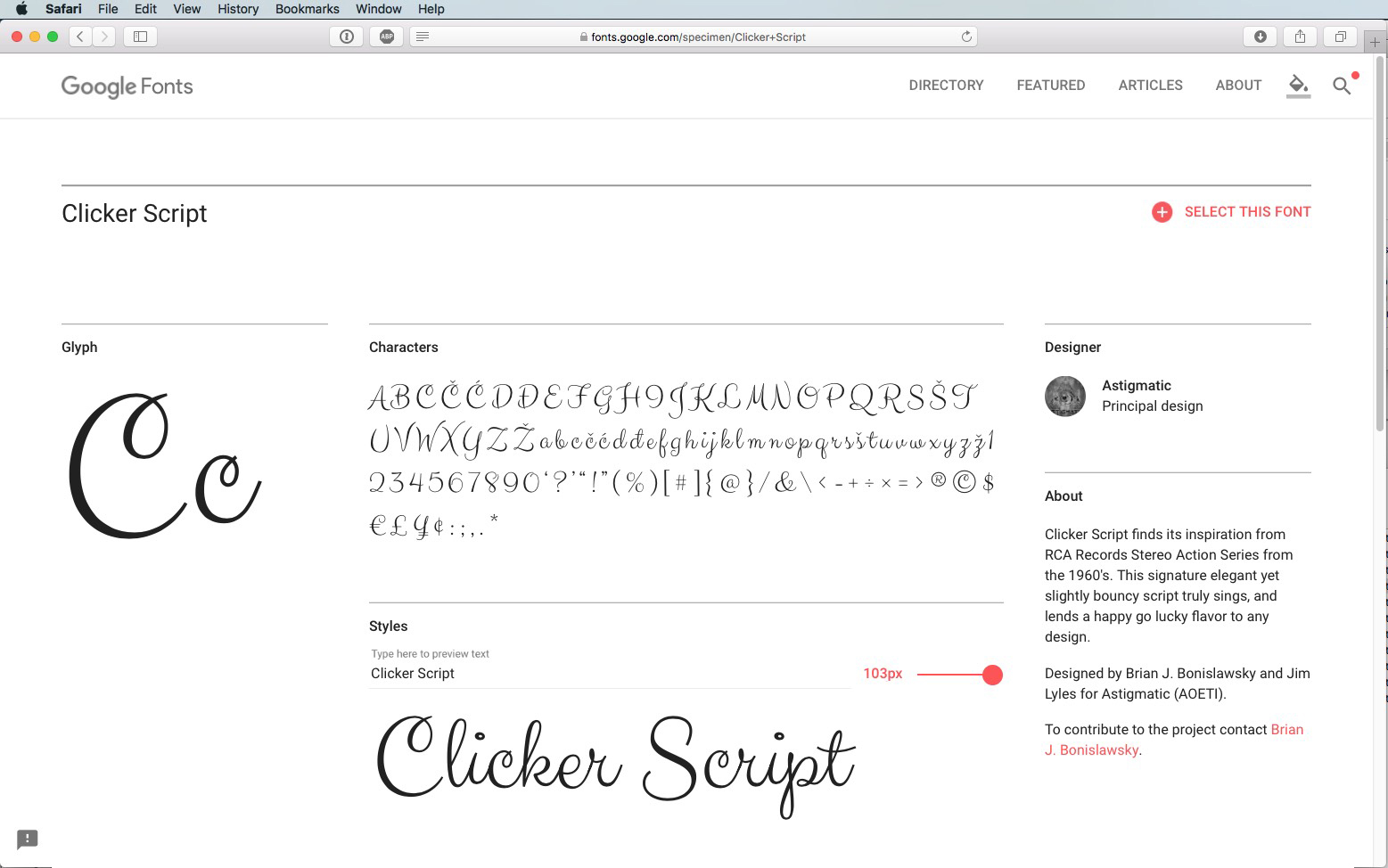 Screenshot van de Clicker Script-lettertypepagina op Google Fonts. Het lettertype toont hoofdletters, kleine letters en cijfers. De pagina bevat details zoals informatie over de ontwerper en een schuifregelaar voor de stijldikte.