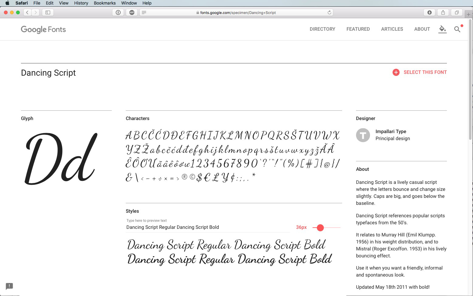 Screenshot van Google Fonts met het lettertype Dancing Script. Inclusief alfabet en speciale tekens in scriptstijl. Twee stijlen weergegeven: Normaal en Vet. Zijbalk met informatie over de ontwerper en technische details. Bekijk voorbeelden van tekstvoorbeelden in beide stijlen.