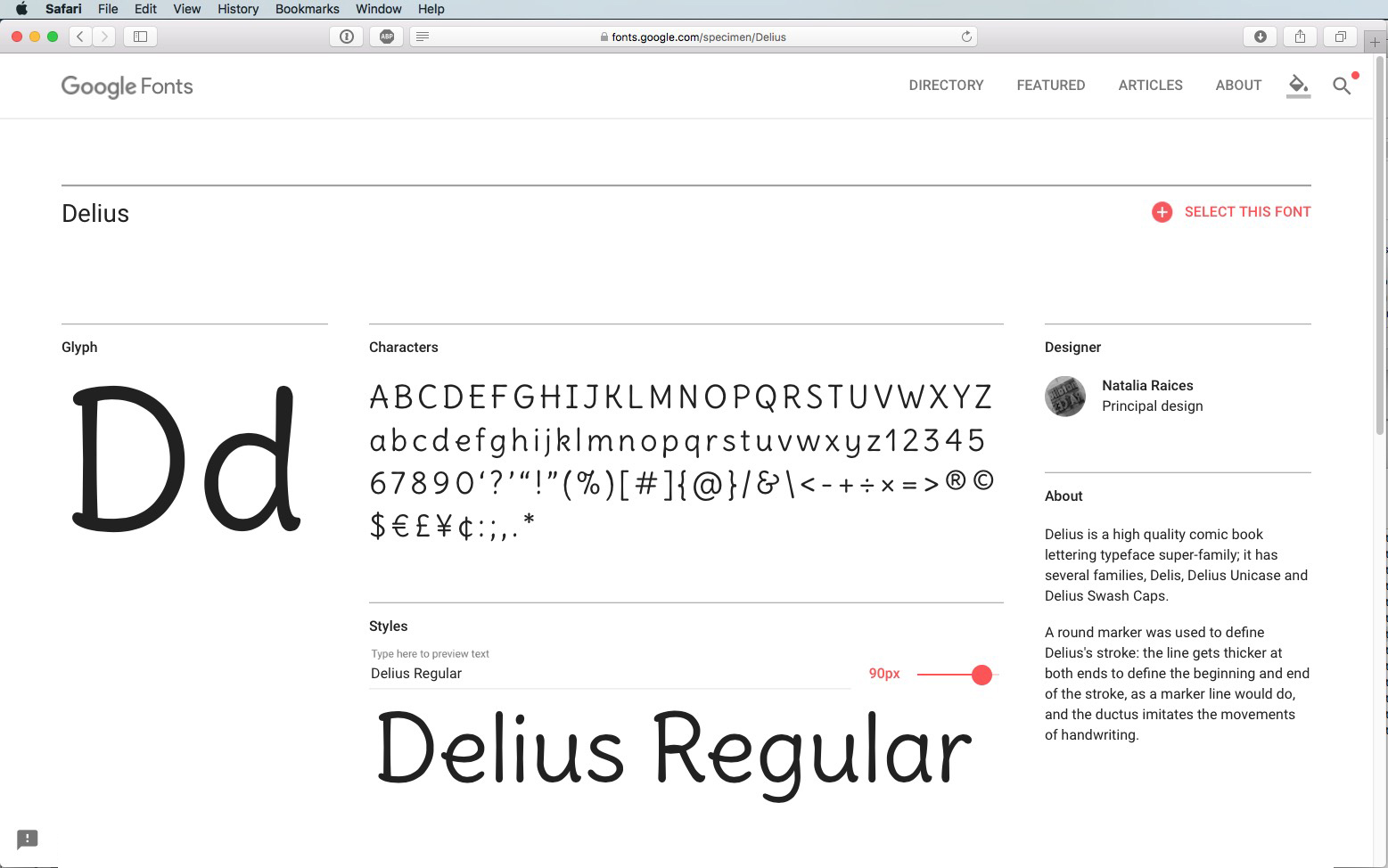 Screenshot van de Google Fonts-webpagina met het Delius-lettertype. Het toont het alfabet in hoofdletters en kleine letters, cijfers en symbolen. De pagina bevat details over het lettertype, de ontwerper en een beschrijving aan de rechterkant.