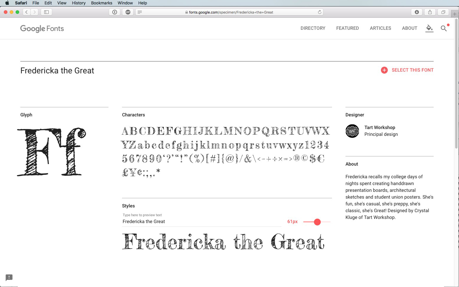 Screenshot van de Google Fonts-pagina voor het lettertype Fredericka the Great. De lettertypen worden weergegeven in hoofdletters, kleine letters, cijfers en symbolen. De vintage, sierlijke stijl van het lettertype wordt getoond, met een aanpasbare grootte. Beknopte informatie over de ontwerper vindt u rechts.