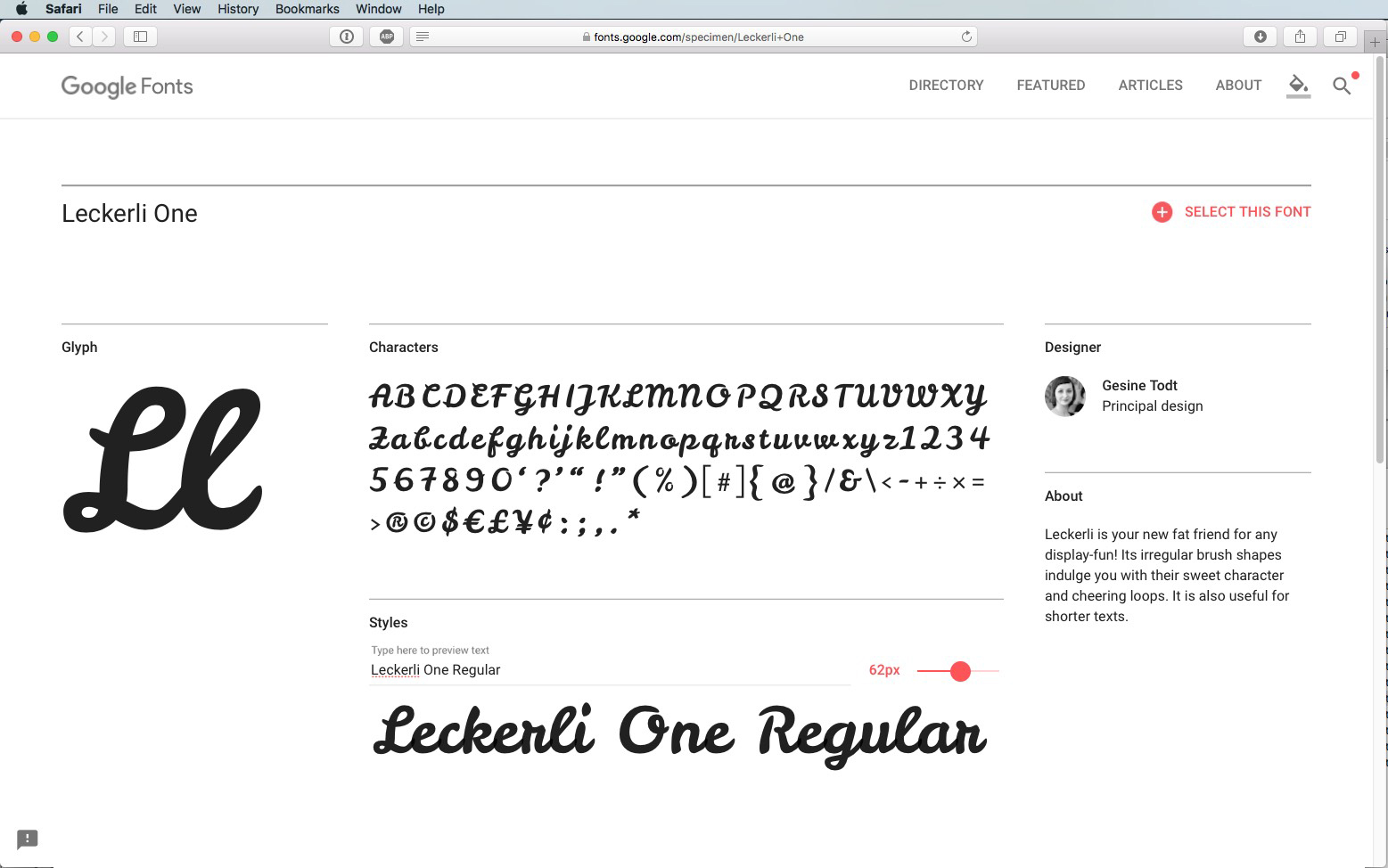 Screenshot van de Google Fonts-pagina voor het lettertype Leckerli One. De pagina toont tekensymbolen, waaronder hoofdletters en kleine letters, cijfers en symbolen. Het lettertype wordt onderaan weergegeven in een voorbeeldtekst.