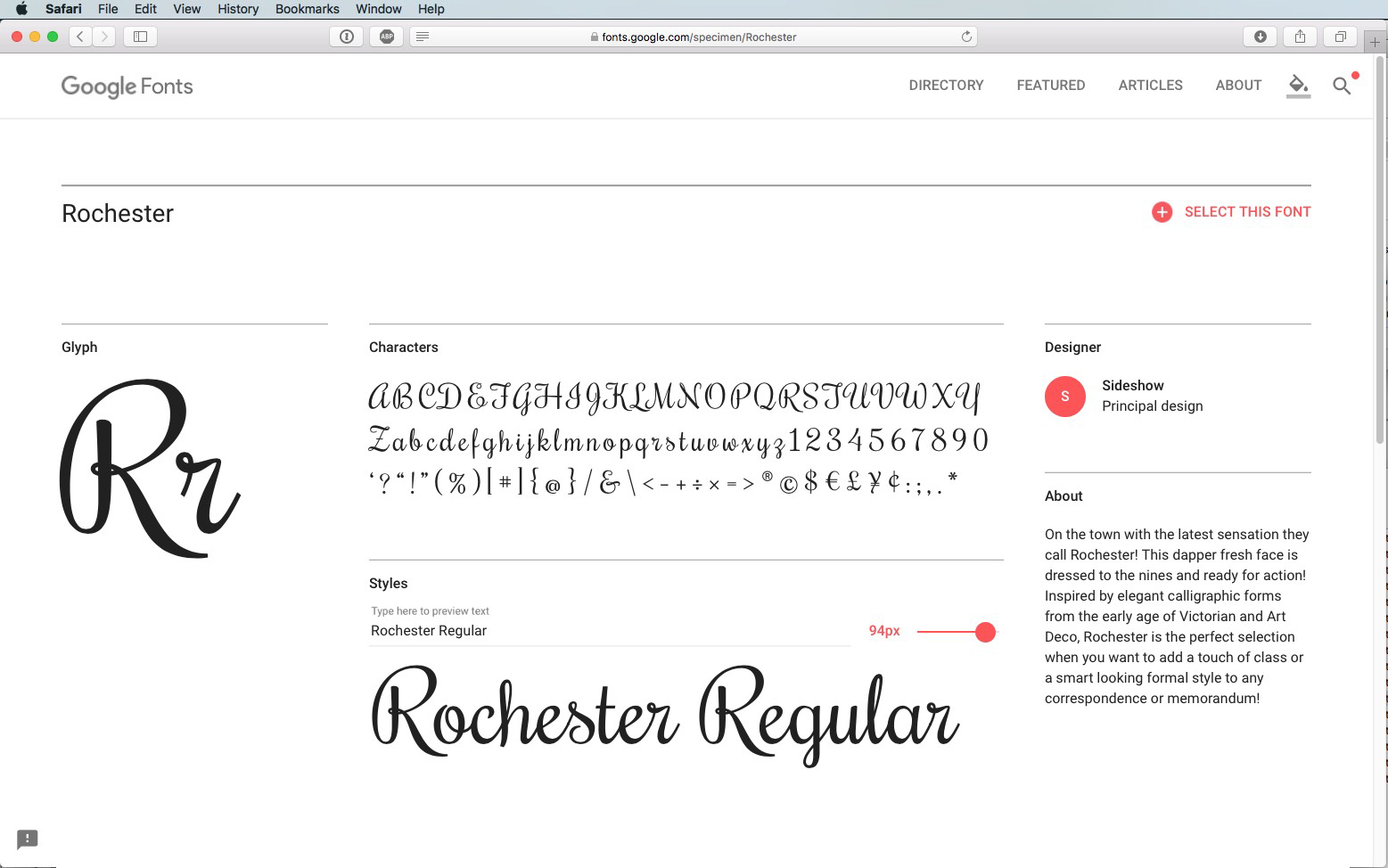 Screenshot van de Google Fonts-pagina voor het Rochester-lettertype. Het toont een Rr-teken, een tekenset met hoofdletters, kleine letters, cijfers en symbolen. Het bevat een schuifregelaar voor het aanpassen van de tekstgrootte en een korte beschrijving aan de rechterkant.