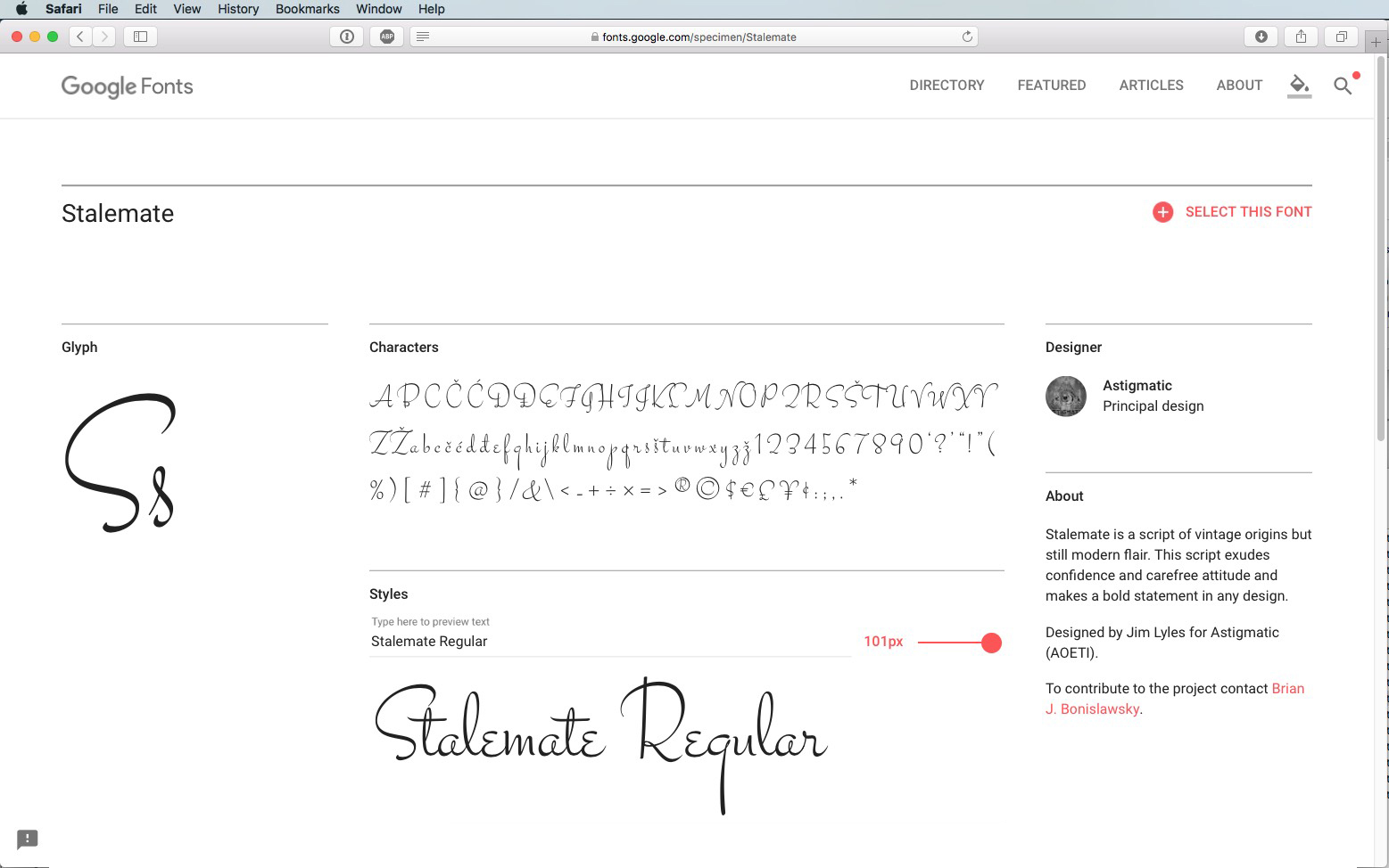 Screenshot van Google Fonts met het lettertype Stalemate. Toont hoofdletters en kleine letters, cijfers en speciale tekens. Inclusief de knop 'Selecteer dit lettertype', stijlopties en informatie van de ontwerper van Astigmatic & Brian J. Bonislawsky.