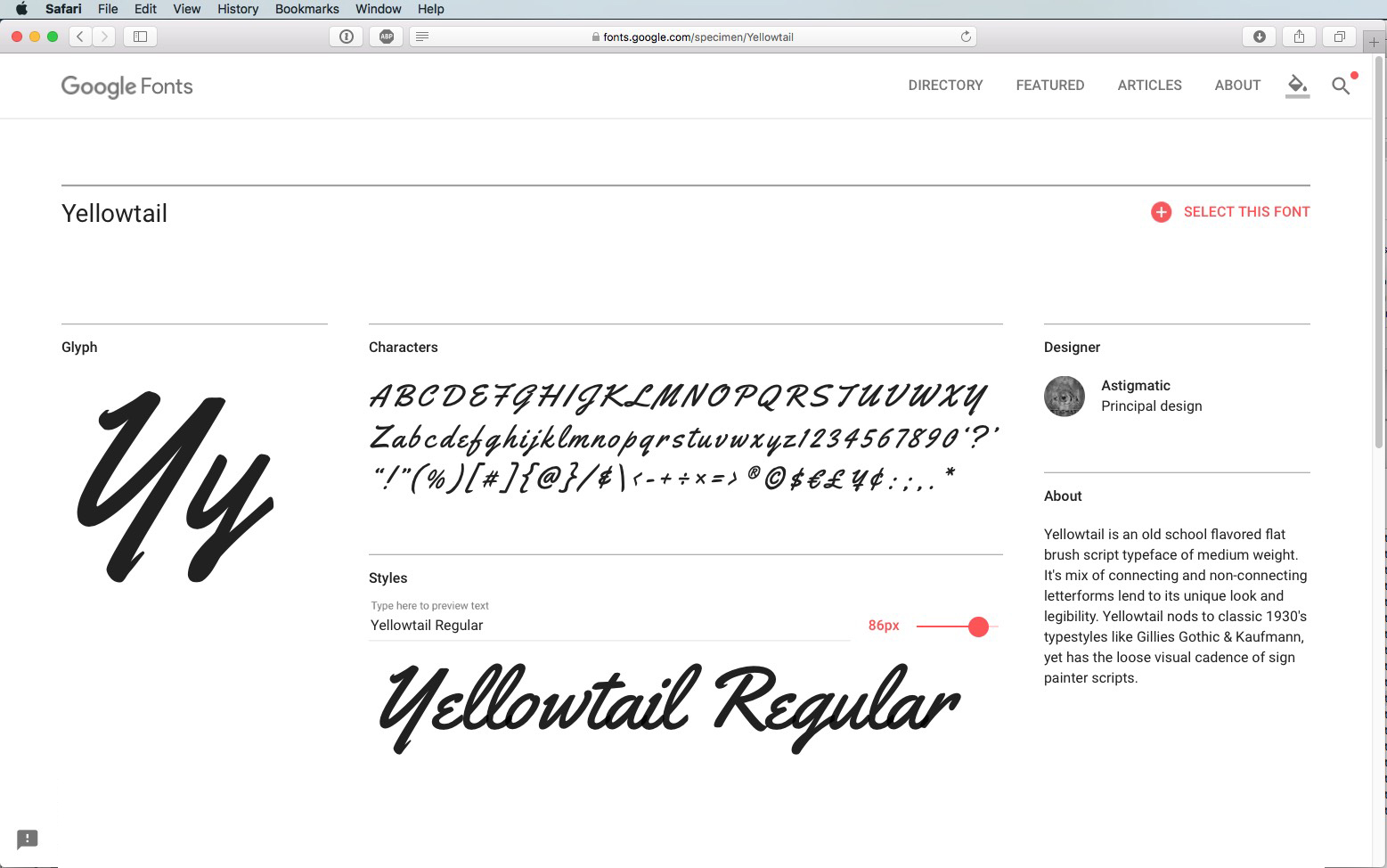 Screenshot van de Google Fonts-pagina voor het lettertype Yellowtail. Het lettertype is cursief en wordt weergegeven met zowel hoofdletters als kleine letters. Er is een schuifregelaar om de lettergrootte aan te passen en een korte beschrijving aan de rechterkant.