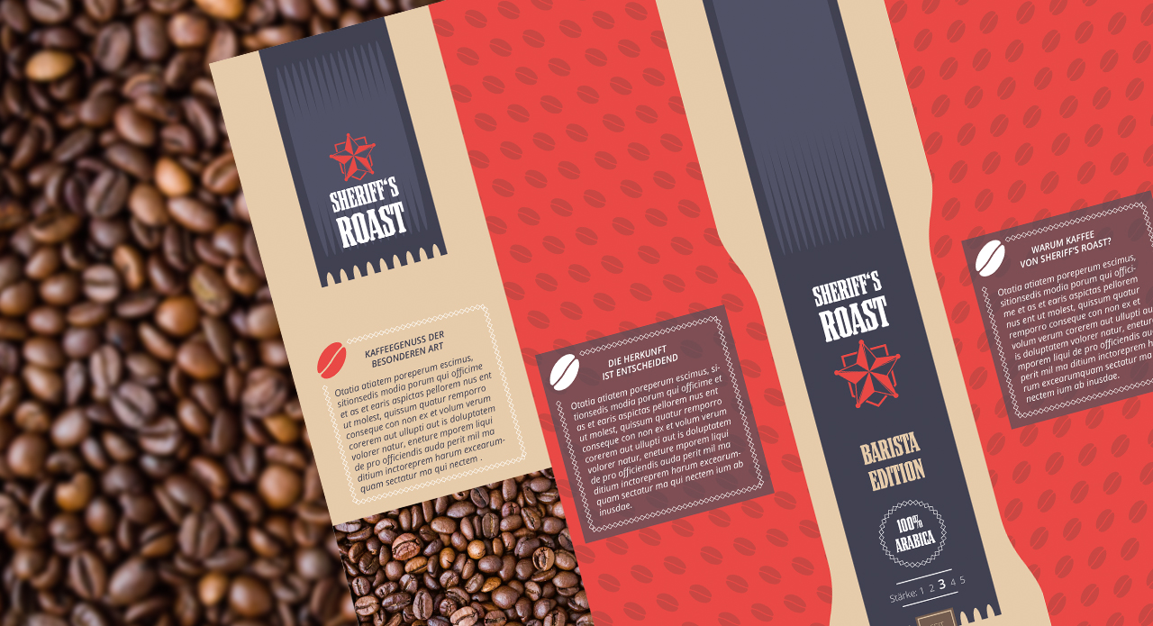 Tussen de gebrande koffiebonen prijkt de Sheriffs Roast koffieverpakking, met een beige en rood Verpackungsdesign, met een sterlogo. De strakke verpakking verkondigt met trots de Barista Edition en 100% Arabica-kwaliteit.
