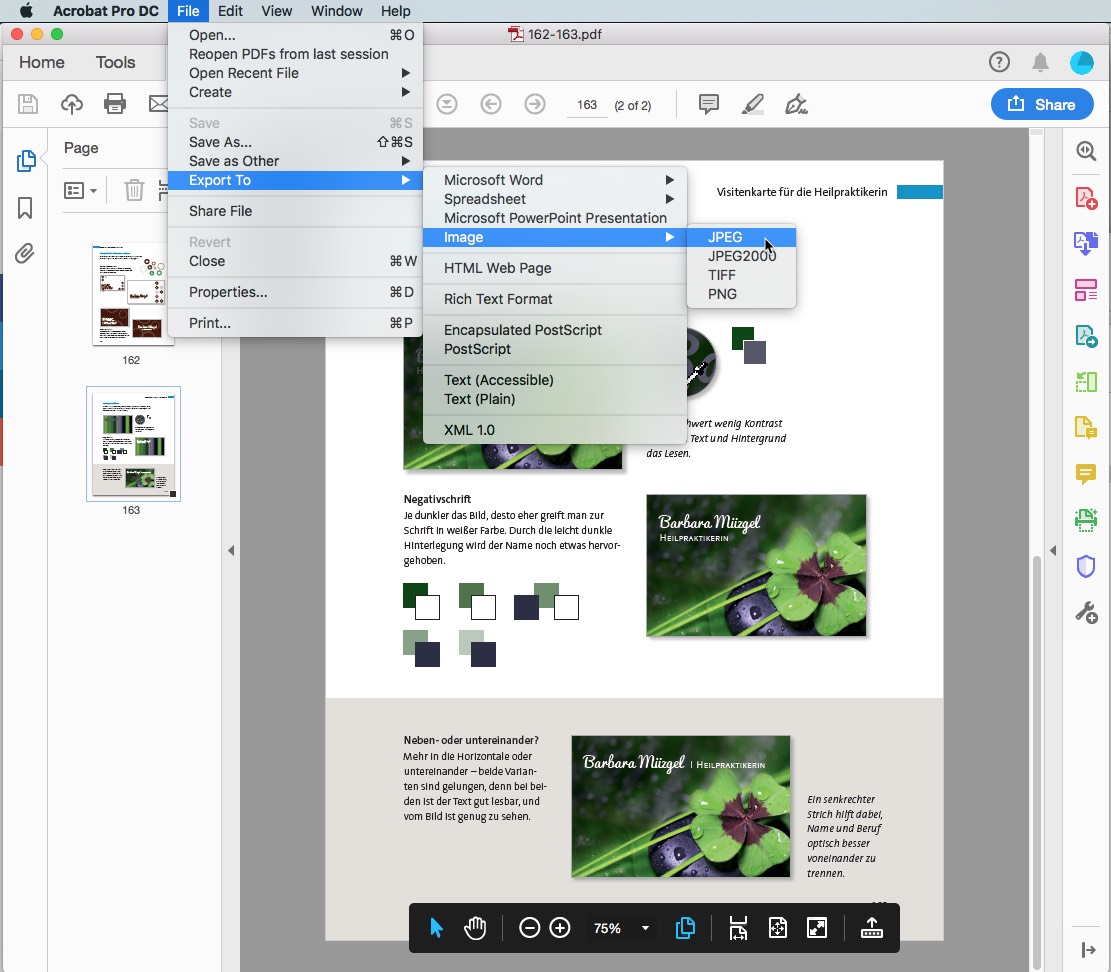 Een screenshot toont een PDF-document dat wordt bewerkt in Adobe Acrobat Pro DC, waarbij het exportmenu geopend is en JPEG is geselecteerd. Het document bevat afbeeldingen van een klavertjevier en tekstblokken, wat de naadloze transformatie van PDF naar JPG illustreert.