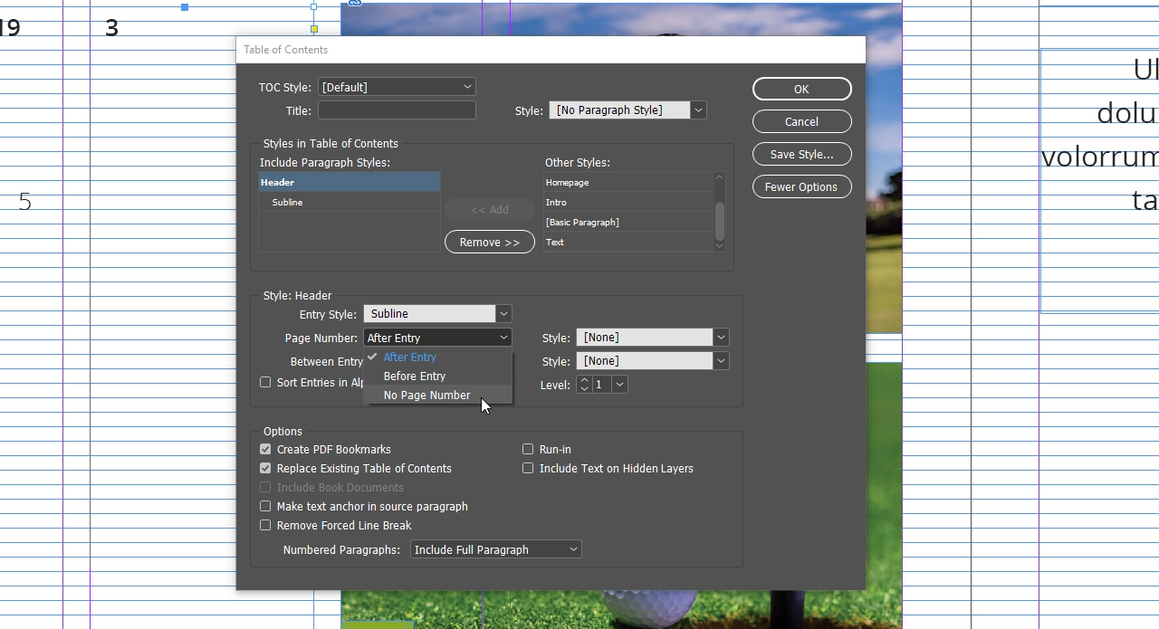 Een computerscherm toont een venster met de instellingen van InDesign Inhaltsverzeichnis tegen een wazige achtergrond van een golfbal op een tee en gras. Het venster toont stijlopties voor tekst, paginanummers en opmaak van items.