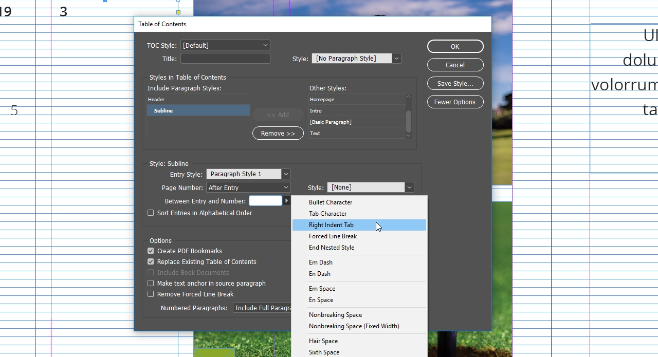 Schermafbeelding van een InDesign-interface met een venster met instellingen voor de inhoudsopgave. Het venster toont opties voor stijlen, paginanummering en diverse opmaakinstellingen, met een vervolgkeuzemenu in de sectie Stijl met opmaakopties voor uw inhoudsopgave.