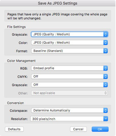 Dialoogvenster voor Opslaan als JPEG-instellingen, met opties zoals Bestandsinstellingen, Kleurbeheer en Conversie. Bevat dropdownmenu's voor JPEG-kwaliteit, kleurprofiel en resolutie ingesteld op 300 pixels/inch. Perfect voor het converteren van pdf naar jpg-formaat. Knoppen voor Annuleren en OK bevinden zich onderaan.