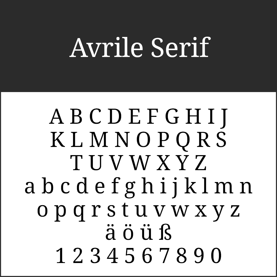 Bovenaan staat de tekst Avrile Serif. Hieronder ziet u een raster met het lettertype Avrile Serifenschriften, met hoofdletters en kleine letters, accenttekens (ä, ö, ü, ß) en de cijfers 0-9.