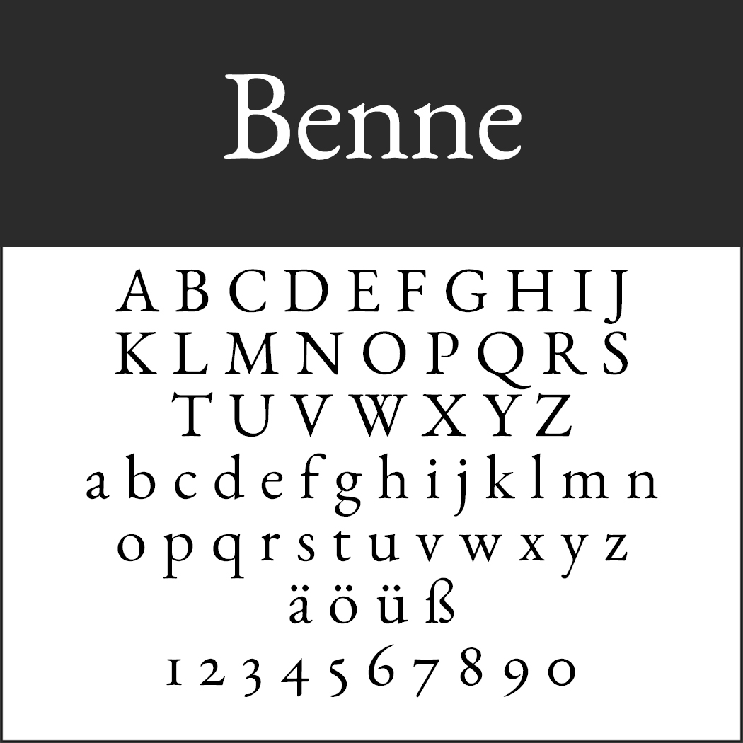 De afbeelding toont het lettertype Benne, een klassiek voorbeeld van Serifenschriften. Het bevat hoofdletters A-Z, kleine letters a-z, de speciale tekens ä, ö, ü, ß en de cijfers 0-9. Het elegante lettertype Benne staat prominent bovenaan.