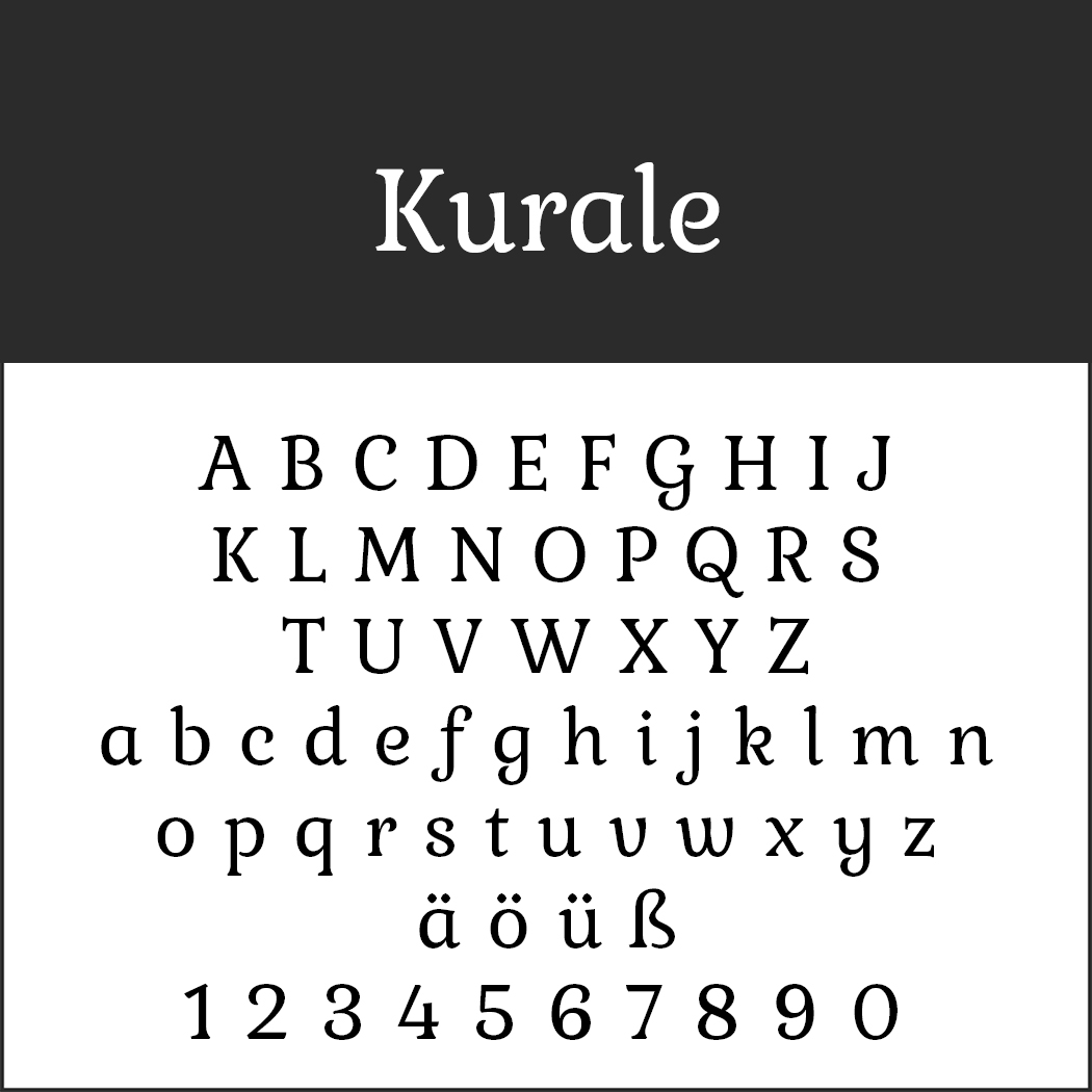 Het Kurale-lettertypevoorbeeld toont hoofdletters en kleine letters A-Z, umlaut-klinkers ä, ö, ü en de cijfers 0-9 op een witte achtergrond. Het zwart bovenaan geplaatste gedeelte met het label Kurale benadrukt dit elegante serifenschriftontwerp.