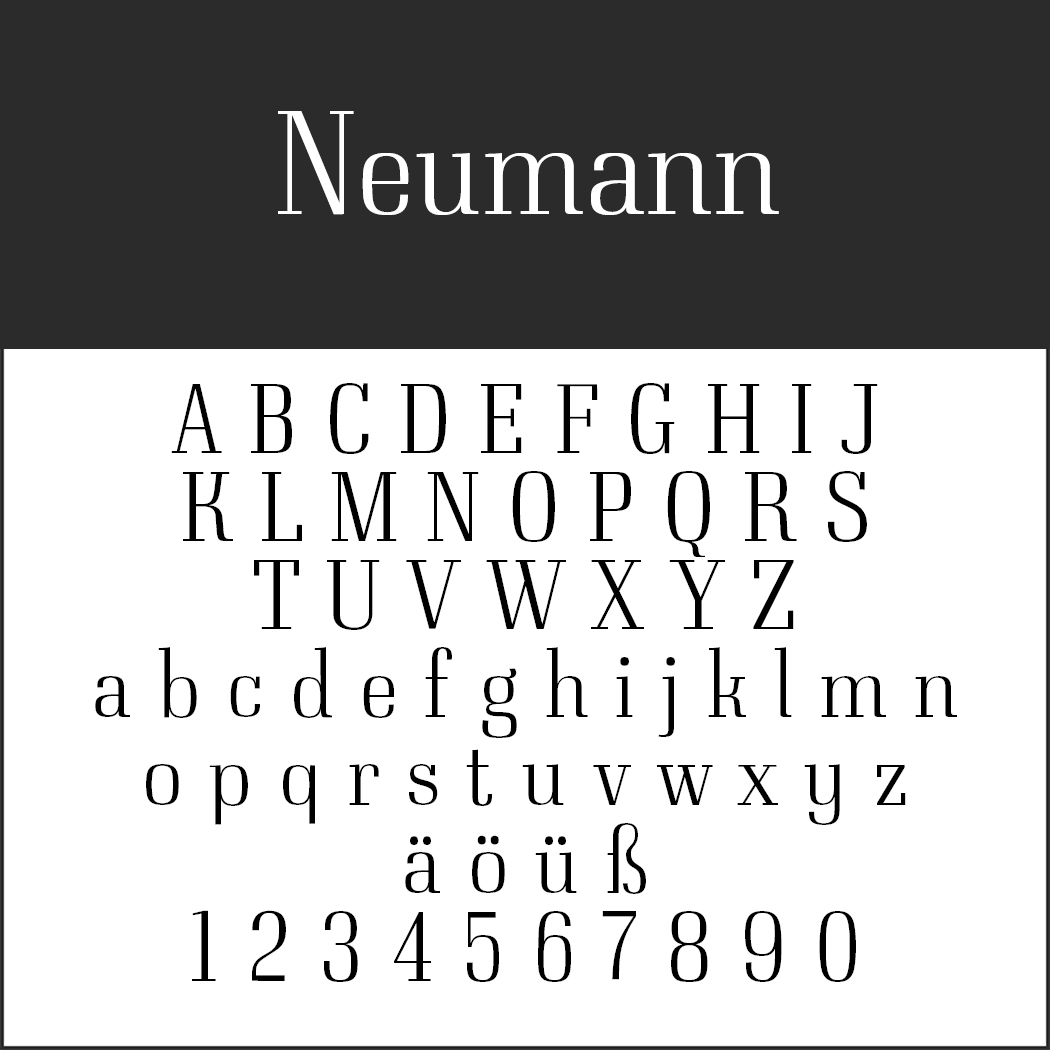 De voorbeeldafbeelding van het lettertype Neumann toont een klassieke Serifenschriften-stijl met hoofdletters en kleine letters, speciale tekens zoals ä, ö, ü, ß en de cijfers 0-9. Het ontwerp contrasteert met een zwarte bovenkant met tekst en een witte onderkant met de tekens.