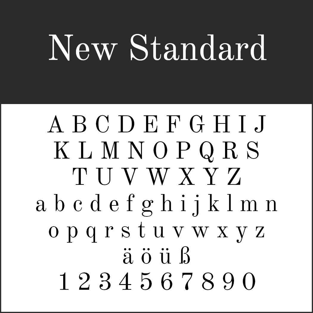 Het lettertype, getiteld New Standard, toont op elegante wijze hoofdletters en kleine letters, speciale tekens en de cijfers 0-9 in een opvallend schreeflettertype. Dit voorbeeld van Serifenschriften benadrukt de tijdloze charme van schreefletters in design.