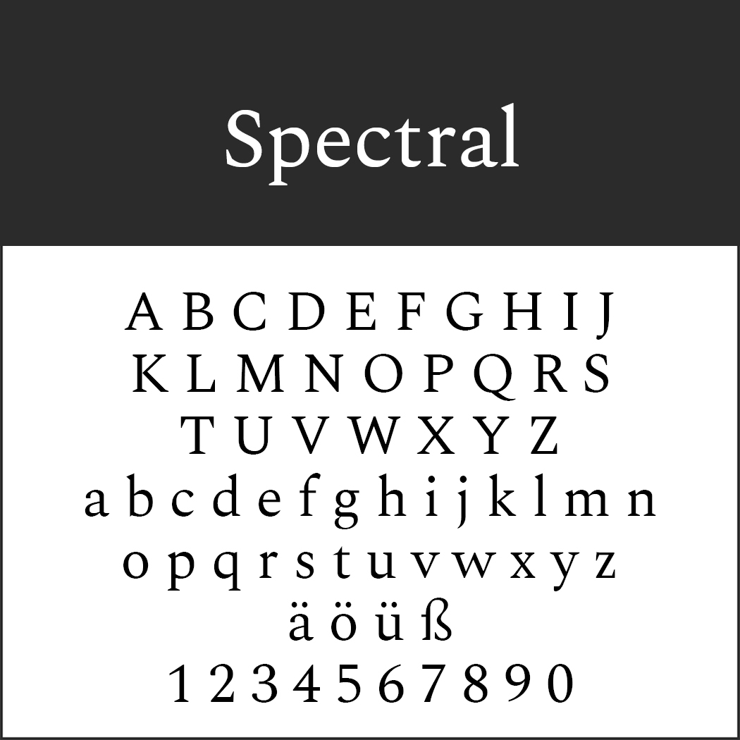 Een voorbeeld van het Serifenschriften Spectral-lettertype toont de elegante hoofdletters en kleine letters, speciale tekens (ä, ö, ü, ß) en de cijfers 0-9 in opvallende zwarte tekst op een strak witte achtergrond met een strakke, zwarte koptekst.