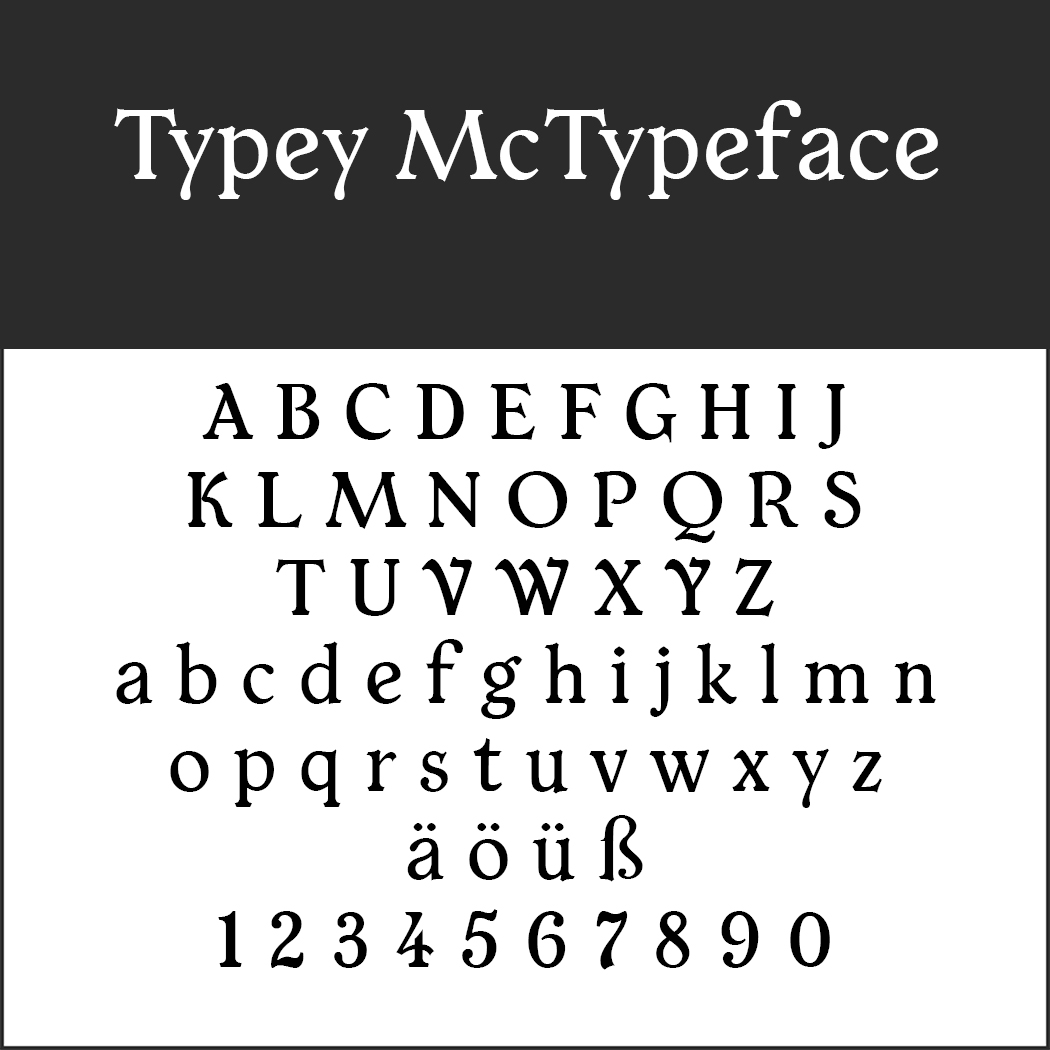 Een lettertypevoorbeeld met de titel Typey McTypeface, met hoofdletters en kleine letters, speciale tekens en de cijfers 0-9. De stijl is serifschrift met een vleugje decoratie, een combinatie van klassieke schreefcharme en een unieke twist.