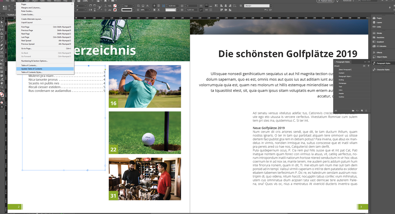 Schermafbeelding van een Adobe InDesign-lay-out met een spread in een golftijdschrift. De linkerpagina toont afbeeldingen van golfers en uitrusting, terwijl de rechterpagina tijdelijke tekst en verschillende blokken toont onder de titel Die schönsten Golfplätze 2019, die elementen weerspiegelen die vaak in een Inhaltsverzeichnis voorkomen.