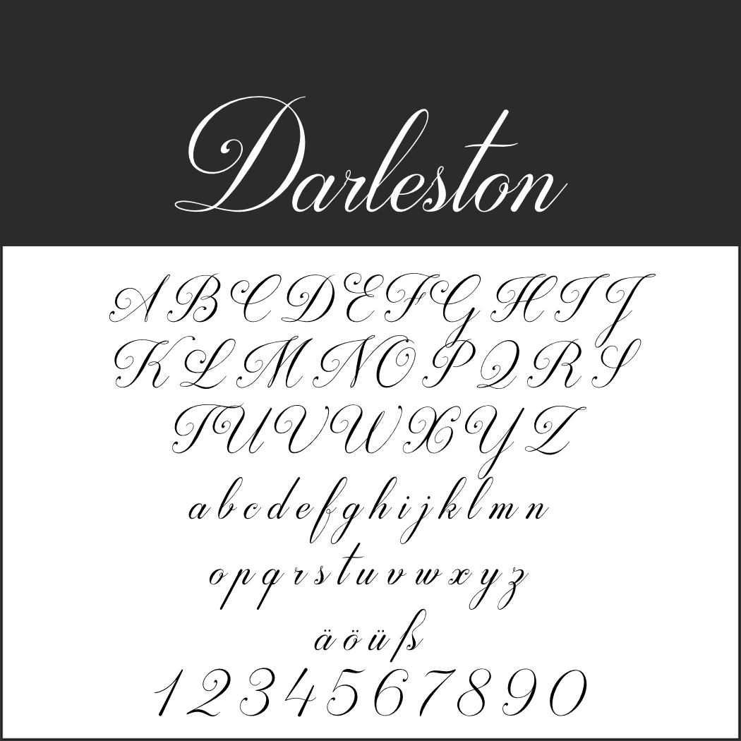 Darleson is een elegant kalligrafielettertype met hoofdletters en kleine letters van A tot en met Z, de cijfers 0 tot en met 9 en de speciale tekens ä, ö, ü en ß.