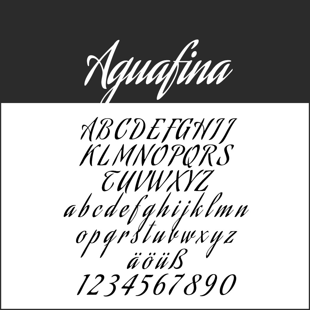 Het Aquafina-voorbeeld toont een kalligrafielettertype met elegante hoofdletters en kleine letters, speciale tekens zoals ä, ö, ü, ß en de cijfers 0-9, alles in een prachtig gestileerde cursieve vorm.