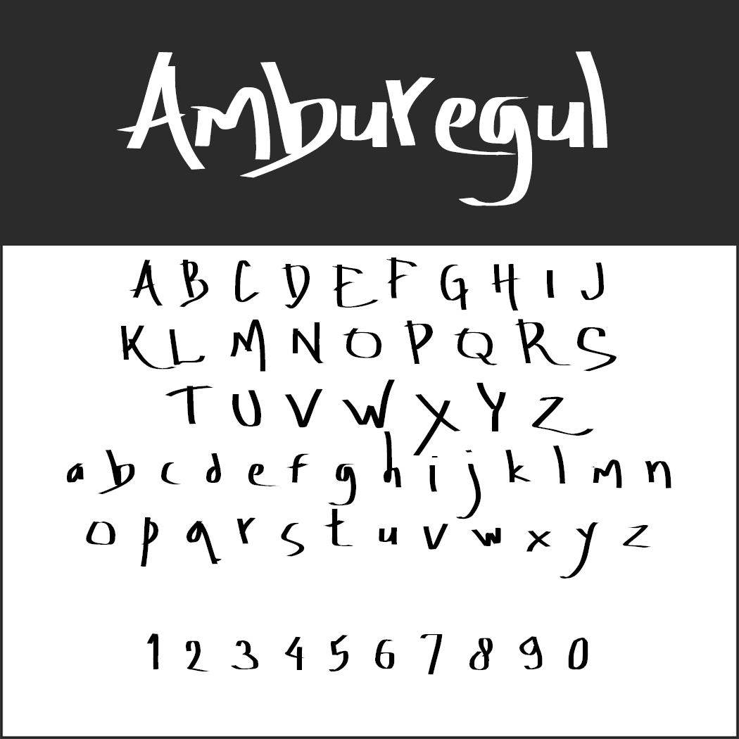 De afbeelding toont het Amburegul-lettertype, een kalligrafieschrift. Het toont hoofdletters en kleine letters, samen met de cijfers 0 tot en met 9, elk met een handgeschreven tintje. Het woord "Amburegul" staat prominent bovenaan in een groot formaat.