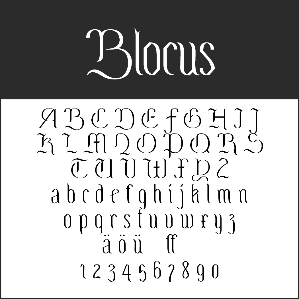 Kalligrafievoorbeeld met de titel Blocus met hoofdletters, kleine letters en speciale tekens. Inclusief geaccentueerde letters en cijfers, vormgegeven in een elegant, cursief ontwerp.