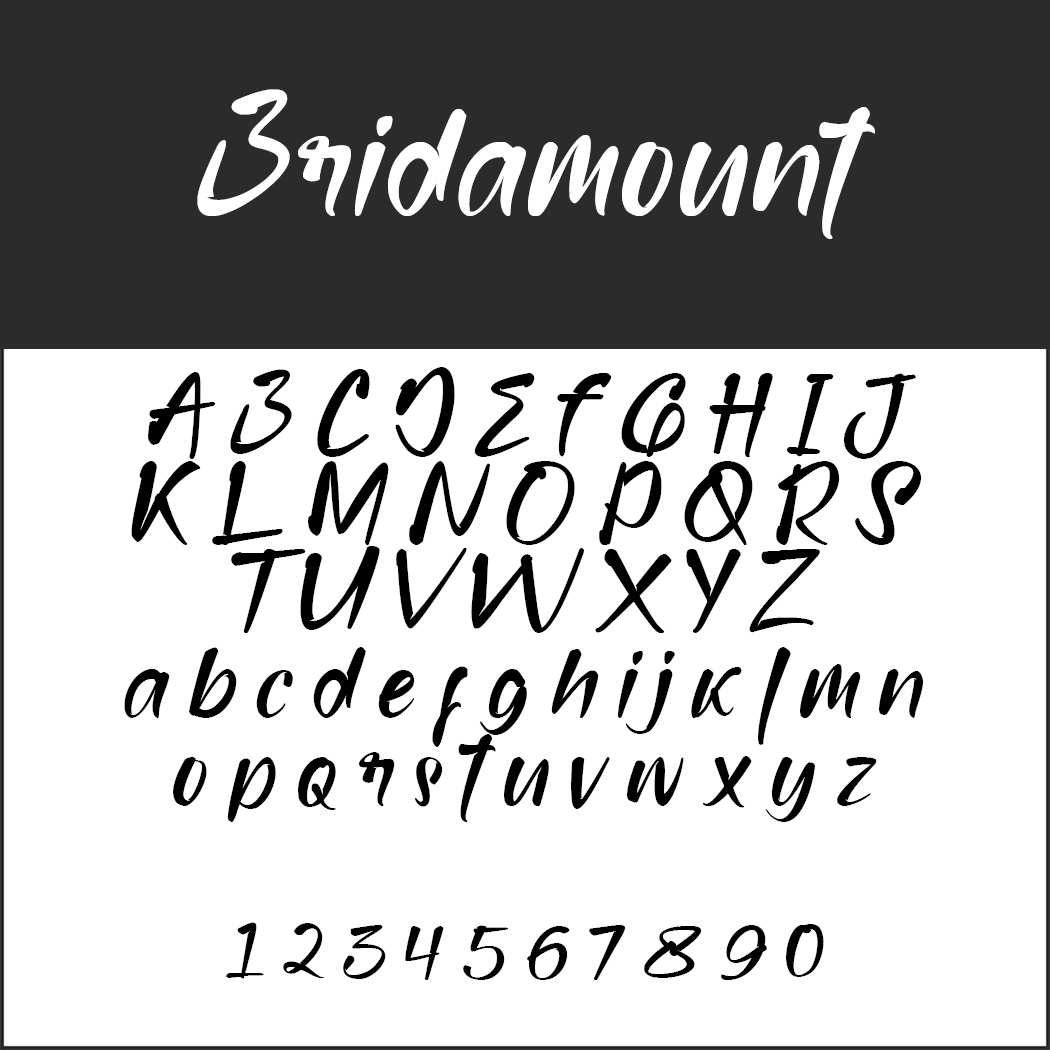 Gestileerd lettertype met de titel Bridamount, weergegeven in Kalligrafie Script met hoofdletters, kleine letters en cijfers. Hoofdletters en kleine letters worden vetgedrukt en cursief weergegeven, gevolgd door de cijfers 1 tot en met 9 en 0.