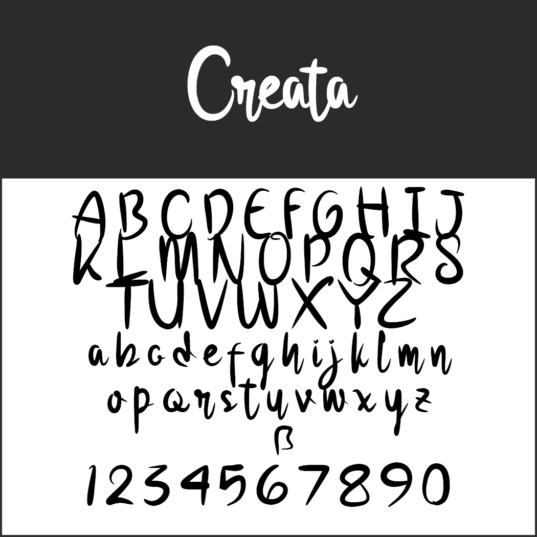 Een lettertype dat het hoofdletter- en kleine alfabet toont, vergezeld van de cijfers 0-9. Het lettertype is een artistiek, handgeschreven kalligrafieschrift met enkele licht schuine letters. De titel bovenaan luidt Creata in cursief.