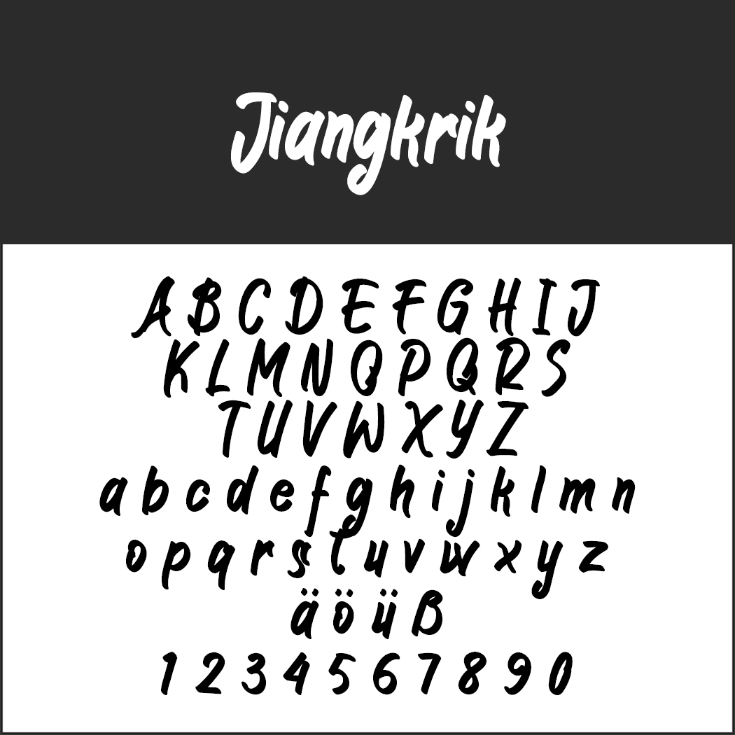 Een voorbeeld van een lettertype met de titel Jiangkrik, weergegeven op een zwarte achtergrond. Het kalligrafieschrift toont hoofdletters en kleine letters in een speelse, handgeschreven stijl, naast de cijfers 0-9 en de speciale tekens ä, ö, ü en ß.