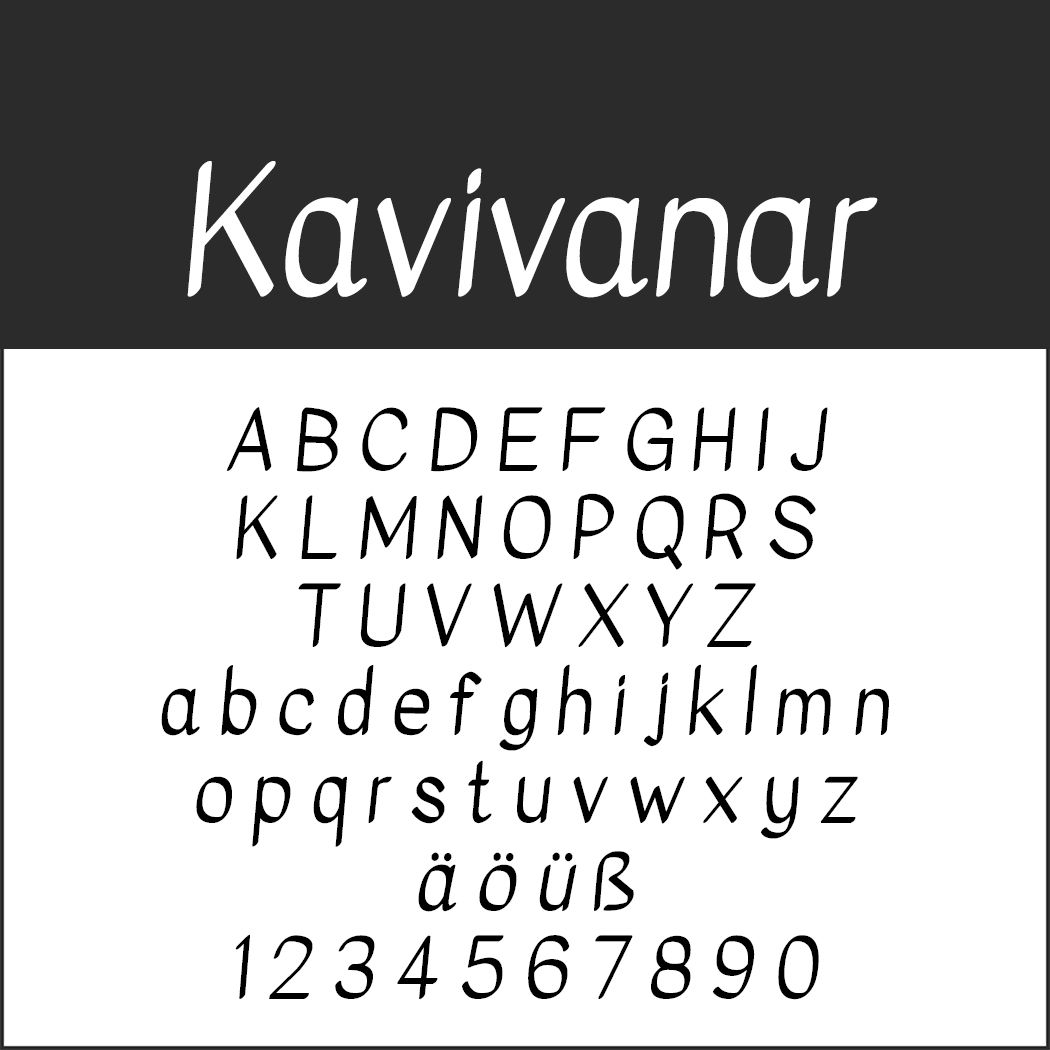 Voorbeeld van een lettertype van Kavivanar met hoofdletters en kleine letters in het Engels, de cijfers 0-9 en de speciale tekens ä, ö, ü en ß op een witte achtergrond. Het lettertype heeft een ronde, handgeschreven stijl die doet denken aan kalligrafie.
