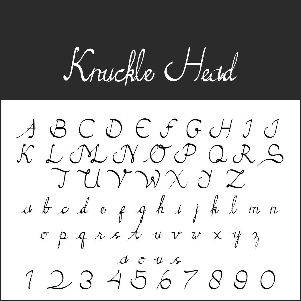 Ervaar de elegantie van Knuckle Head, een kalligrafielettertype met zowel hoofdletters als kleine cursieve letters en de cijfers 0 tot en met 9, allemaal sierlijk weergegeven op een witte achtergrond.