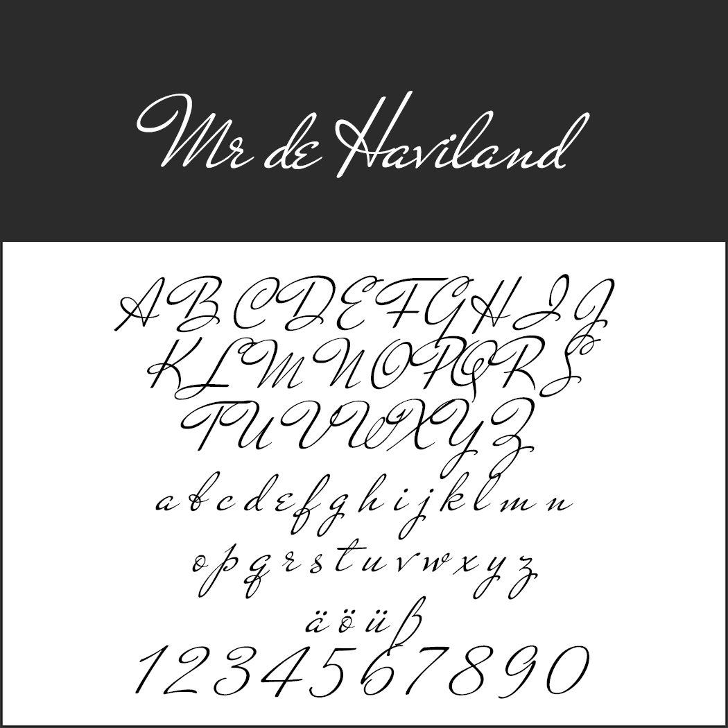 Een voorbeeld van een kalligrafieschrift, met elegante cursieve letters uit het Latijnse alfabet in hoofdletters en kleine letters, plus de cijfers 0-9. Extra tekens zijn ä, ö en ü. Bovenaan staat de lettertypenaam Mr. de Haviland.
