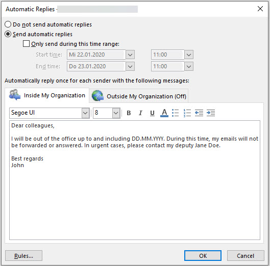 In het venster met de instellingen voor automatische e-mailbeantwoording is de optie voor het verzenden van een automatische afwezigheidsnota geselecteerd. Deze bevat een bericht met de afwezigheidsgegevens en de instructie om contact op te nemen met plaatsvervangend Jane Doe voor dringende zaken.