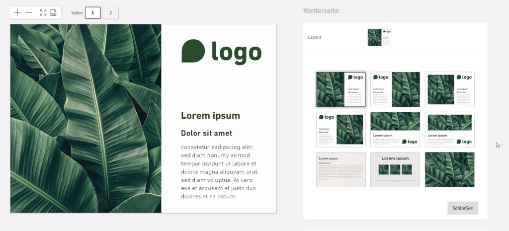 Een presentatiesjabloon met een groene bladachtergrond aan de linkerkant. Het bevat een tijdelijke logo-aanduiding, Lorem ipsum-tekst en diverse lay-outopties aan de rechterkant – ideaal voor het maken van sjablonen voor ansichtkaarten.