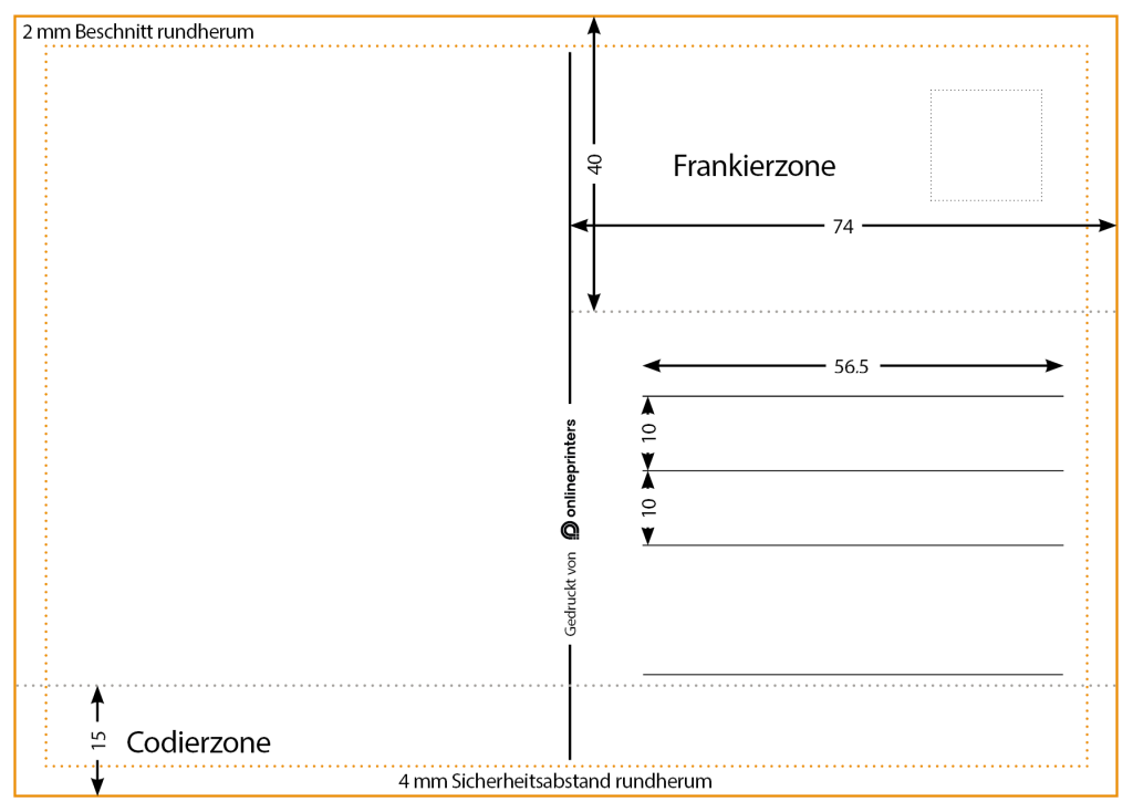 Diagram van een ansichtkaartlay-out met afmetingen, geïnspireerd op sjablonen voor ansichtkaarten. Inclusief zones met het label Frankierzone rechtsboven en Codierzone onderaan, met een verticale lijn die de ruimtes voor tekst en adres scheidt. Veiligheidsmarges langs de randen.